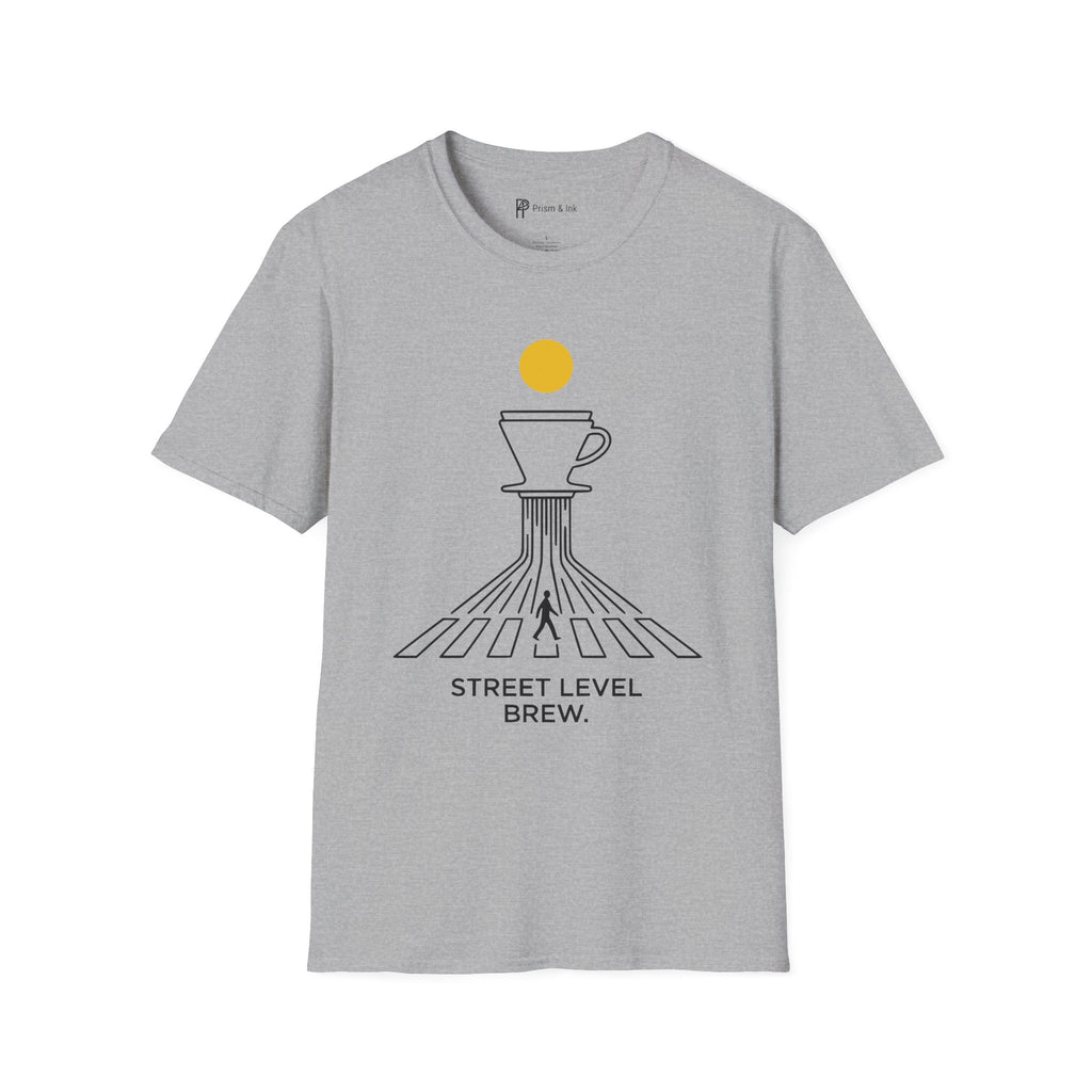 Street Level Brew T-Shirt — Pour-Over Dripper and Crosswalk Silhouette