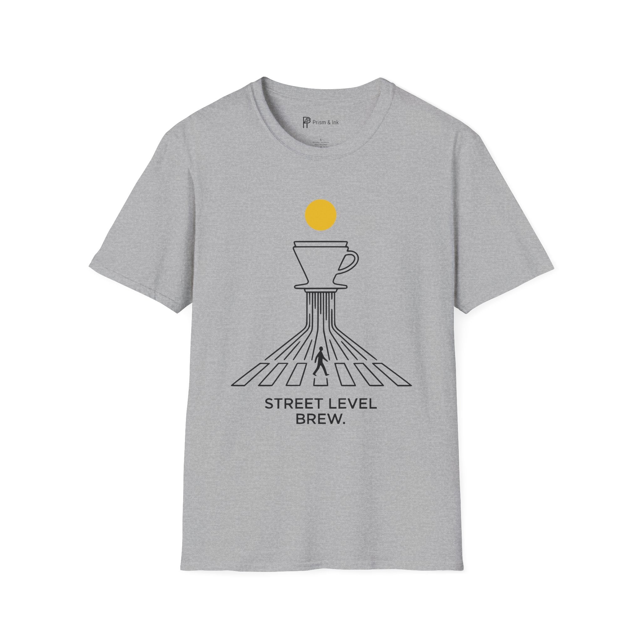 Street Level Brew T-Shirt — Pour-Over Dripper and Crosswalk Silhouette