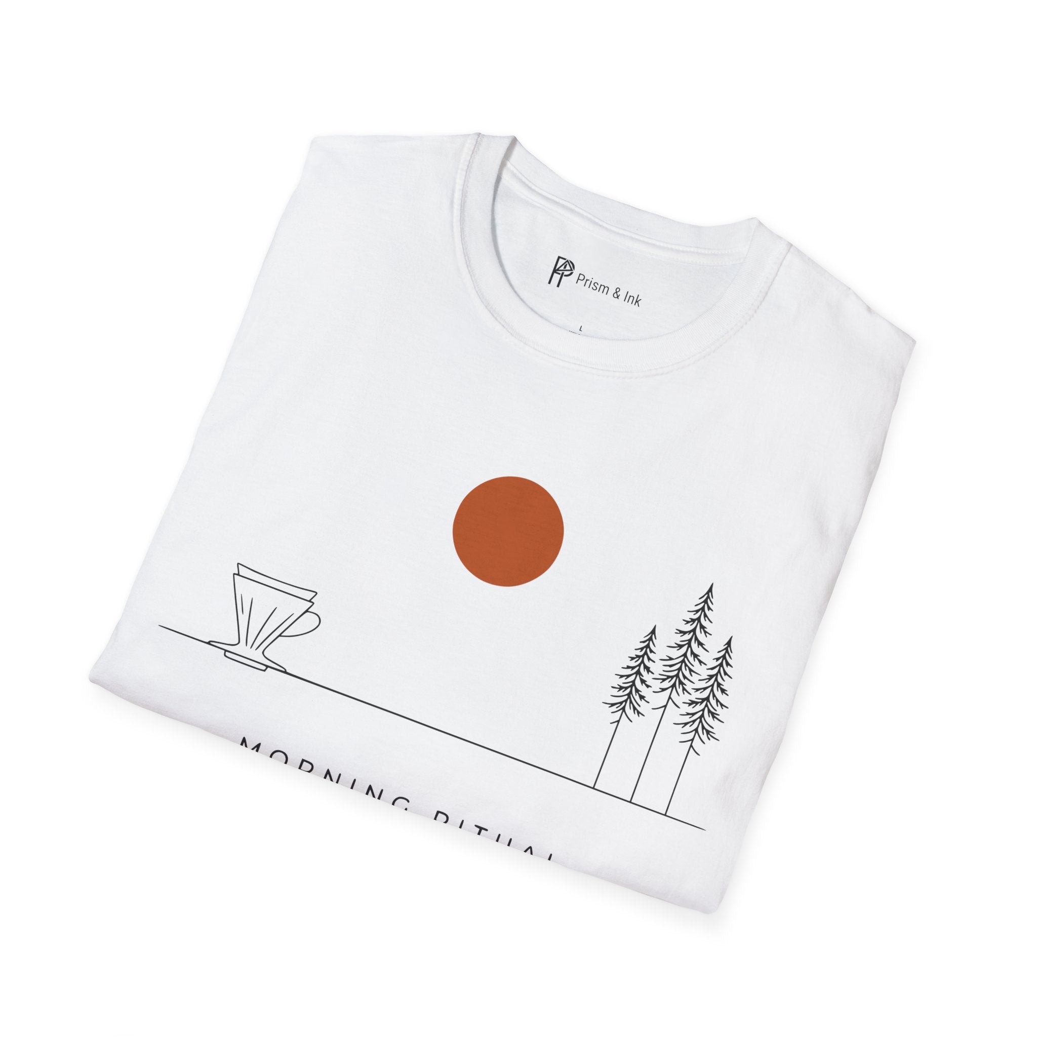Morning Ritual T-Shirt — Minimalist Pour-Over and Forest Horizon