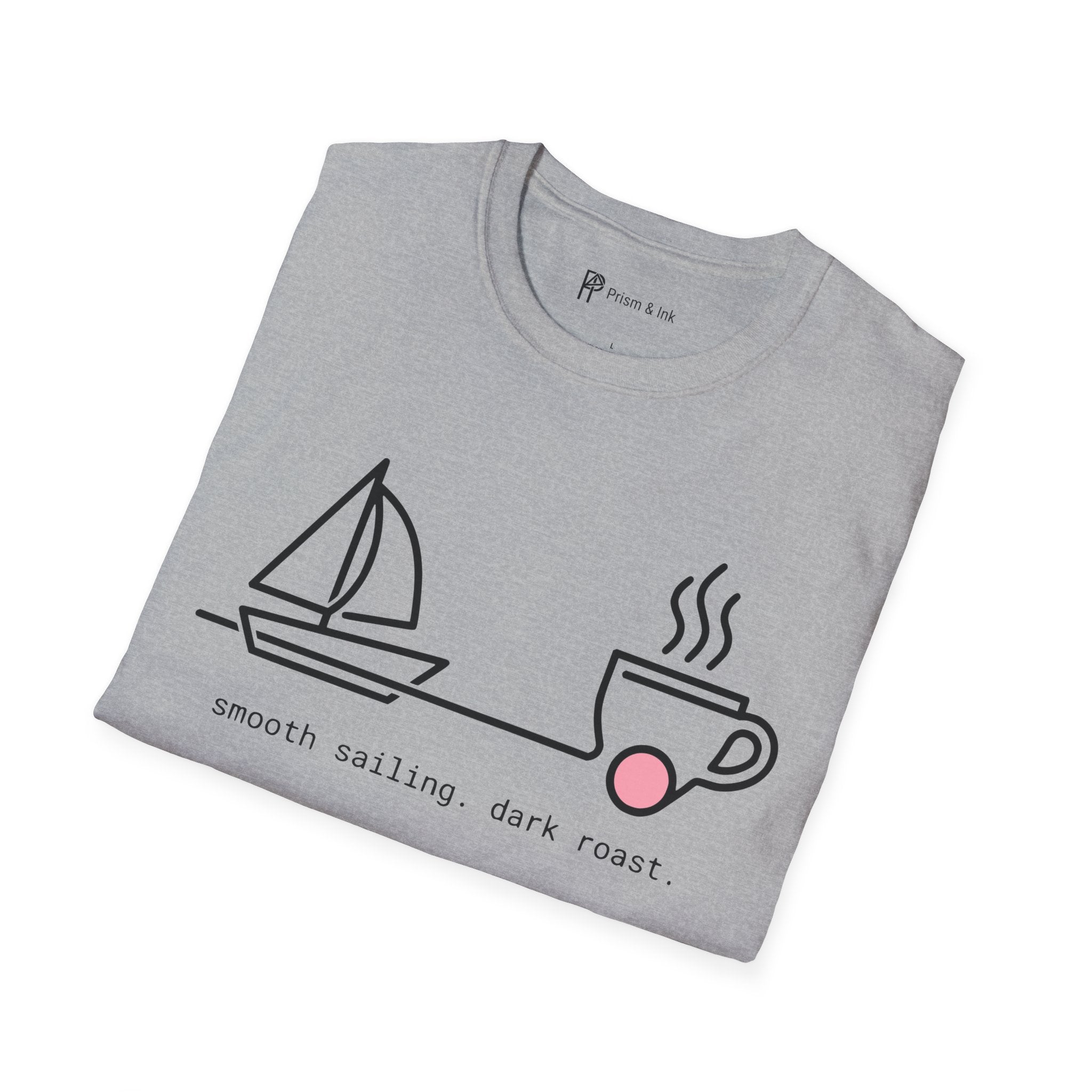 Smooth Sailing Dark Roast T-Shirt — Minimalist Sailboat & Coffee Cup