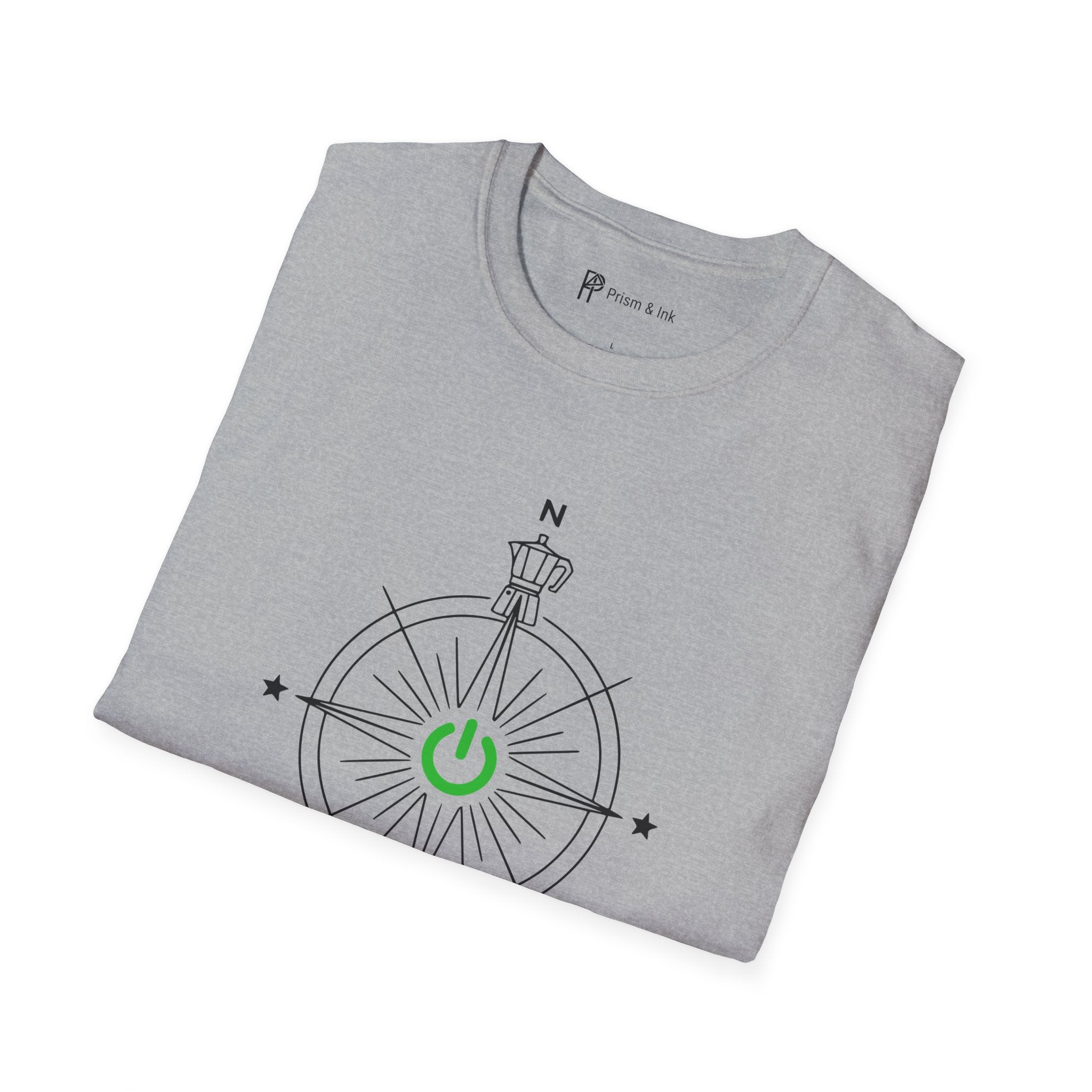 Exploration & Fusion T-Shirt — Minimalist Coffee Compass & Moka Pot Art
