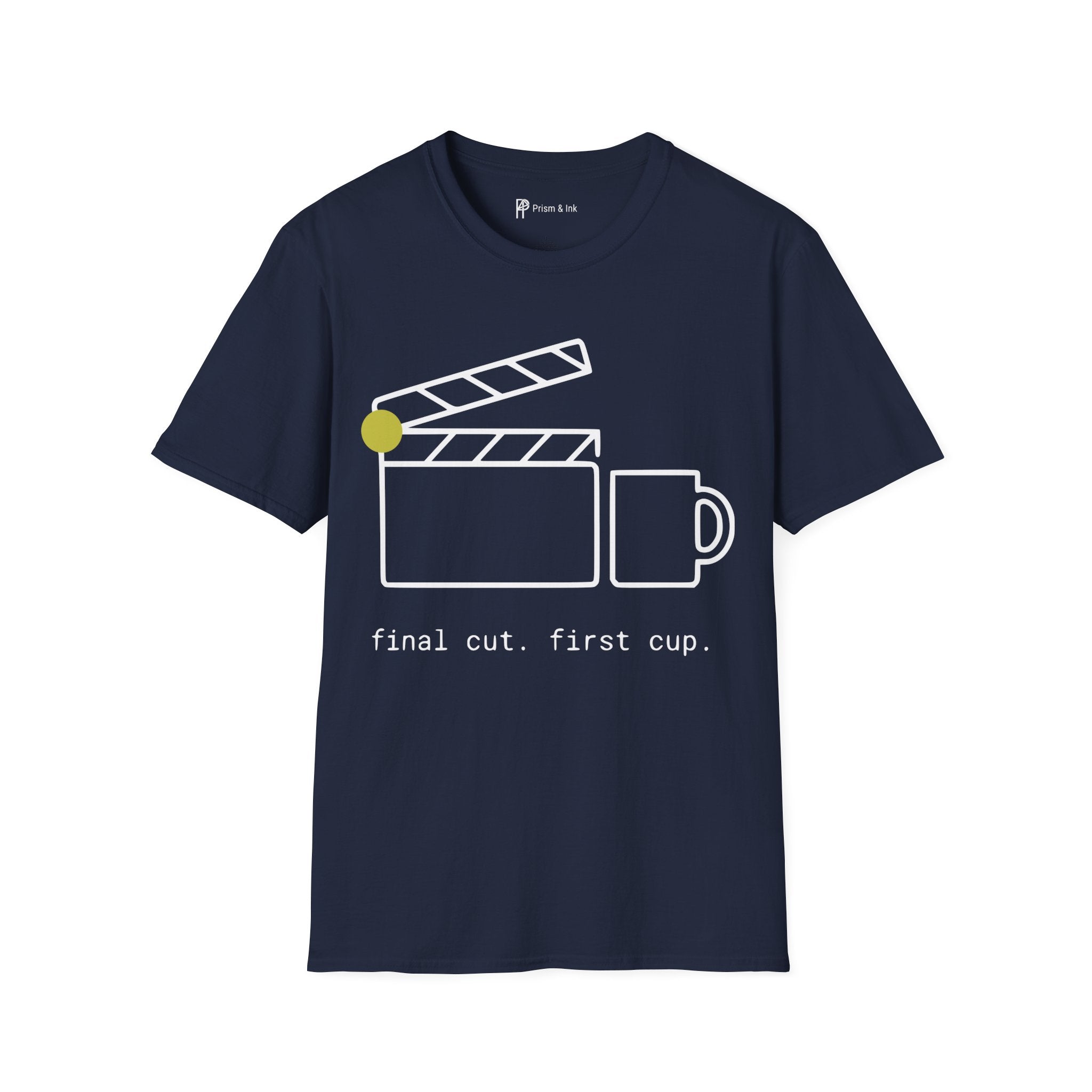 Final Cut First Cup T-Shirt — Minimalist Movie Clapper & Coffee Art