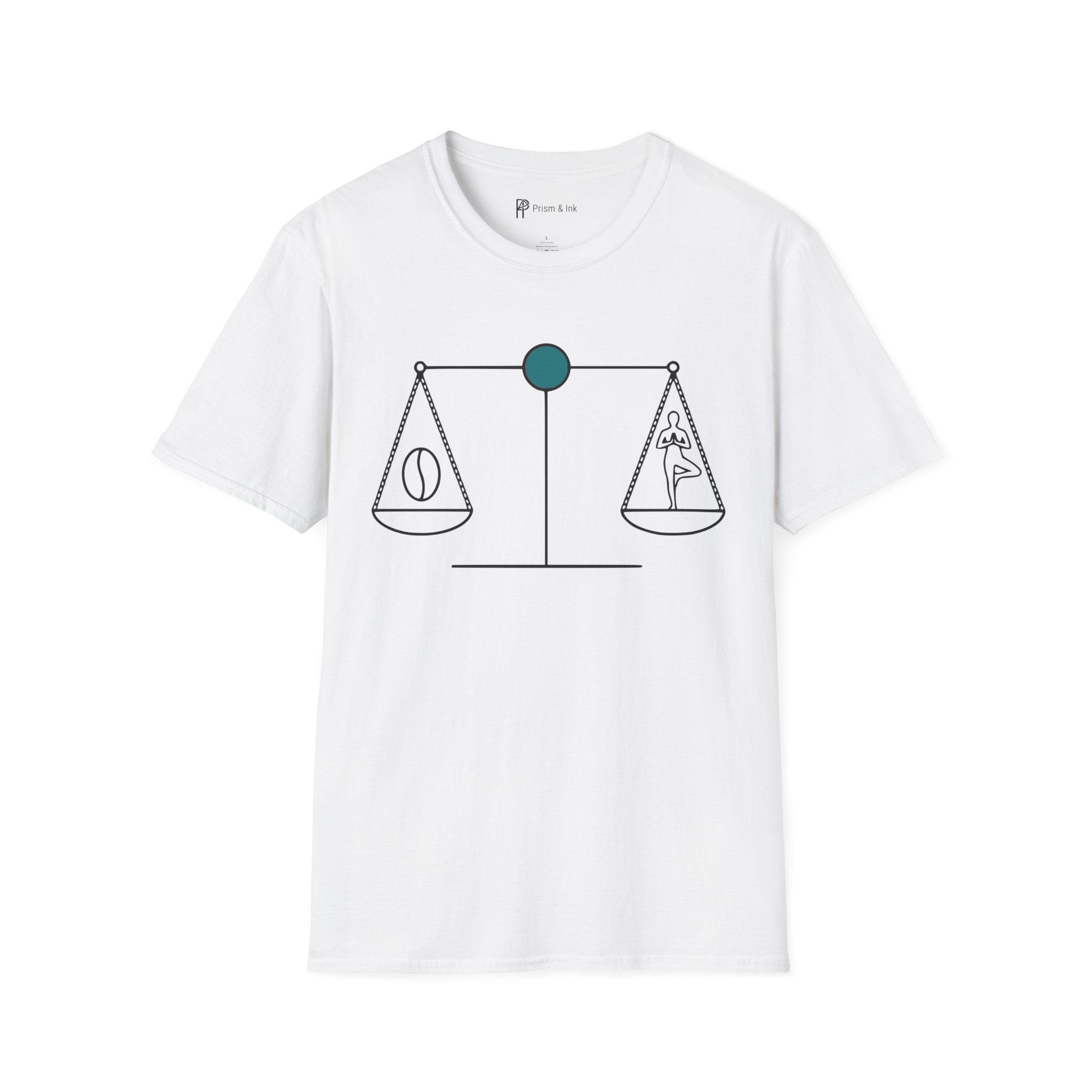 Caffeine Harmony T-Shirt — Zen Scales with Coffee Bean and Yoga Pose
