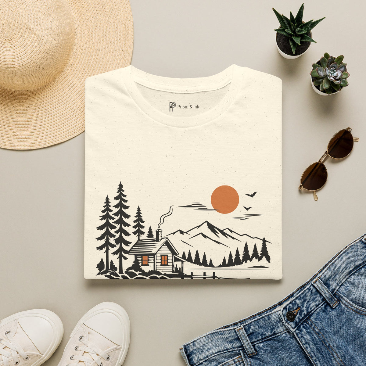 Quiet Cabin Lake Sunset Mountain T-Shirt