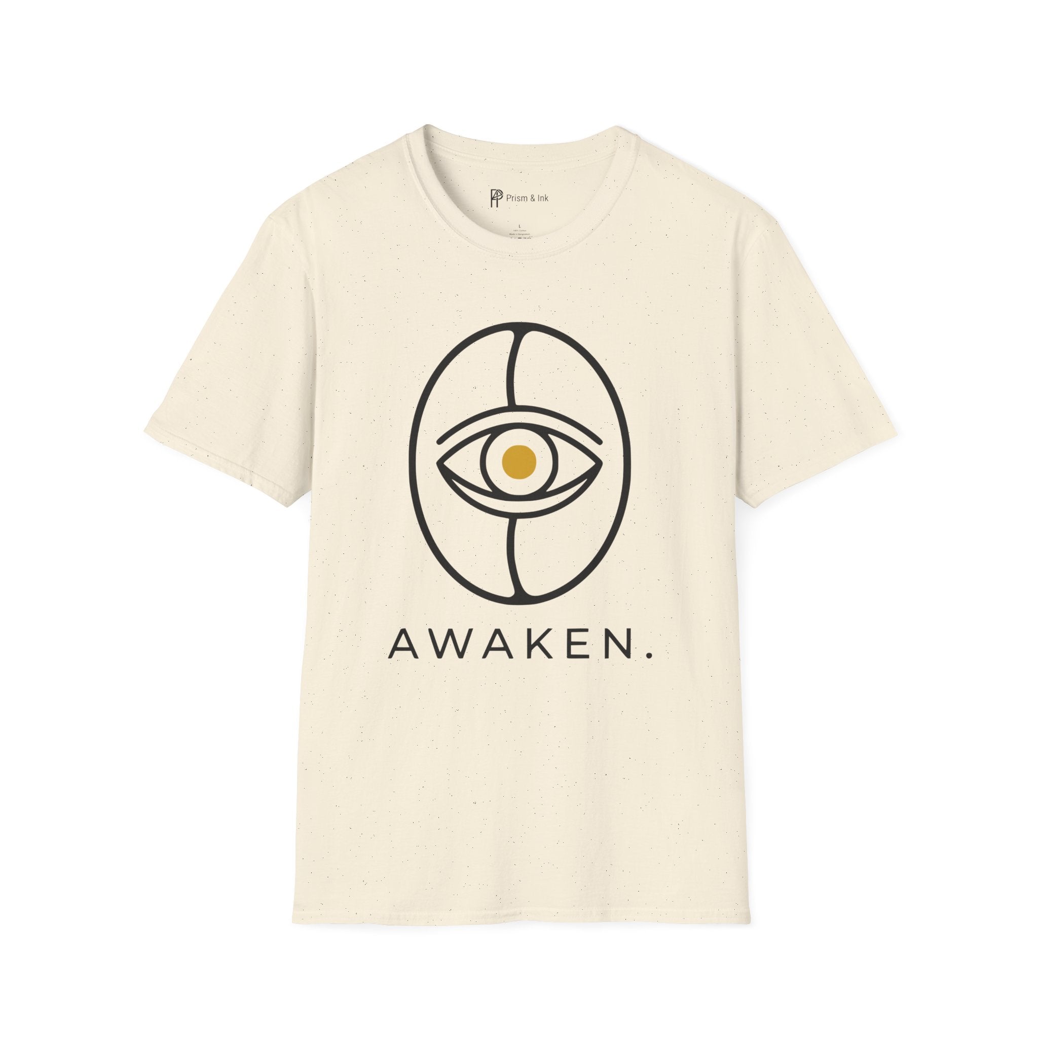 Awaken T-Shirt — Minimalist Coffee Bean and Eye Graphic