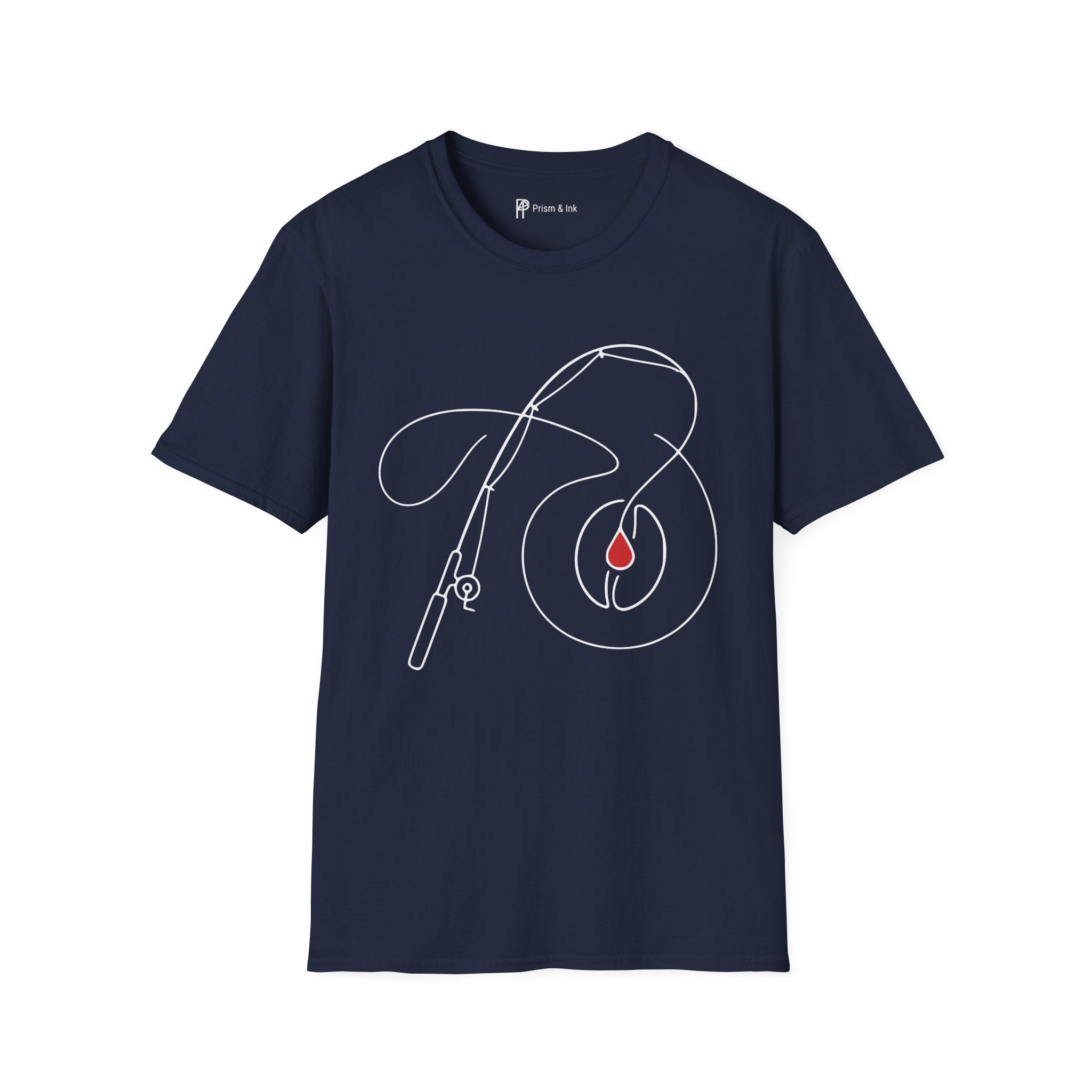 Casting for Caffeine T-Shirt — Minimalist Fly Fishing & Coffee Bean Art