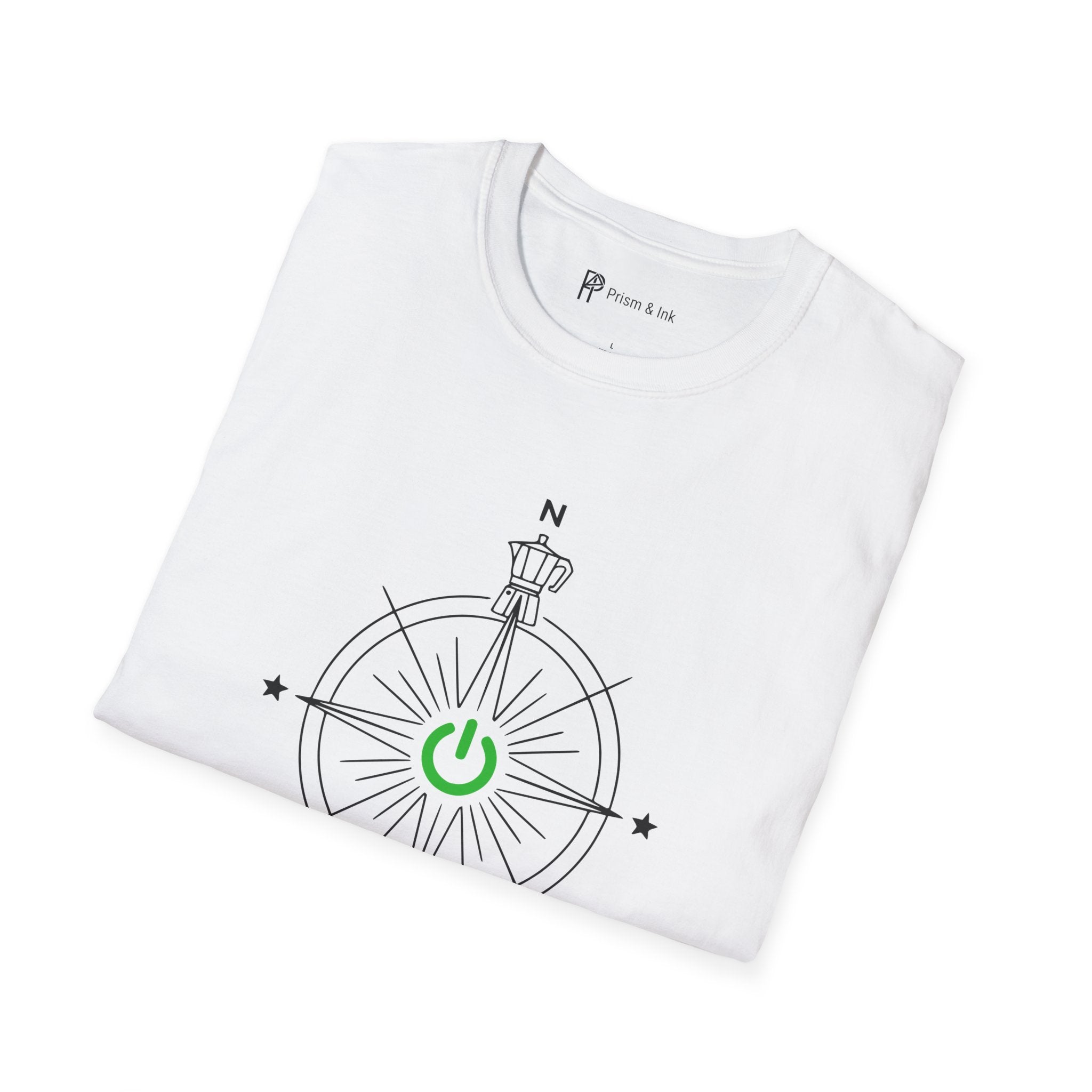 Exploration & Fusion T-Shirt — Minimalist Coffee Compass & Moka Pot Art