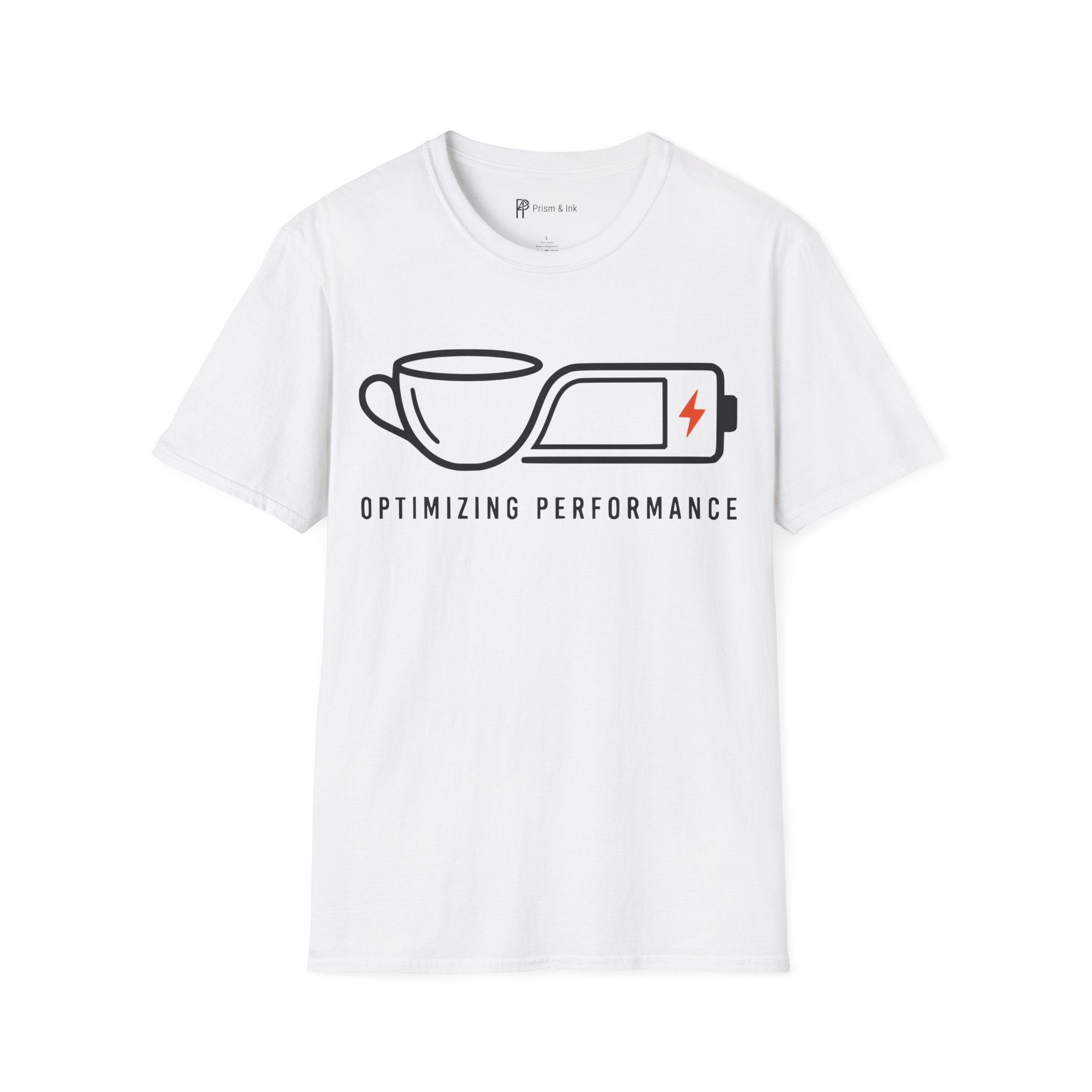 Optimizing Performance T-Shirt — Minimalist Coffee Cup & Battery Charge Graphic