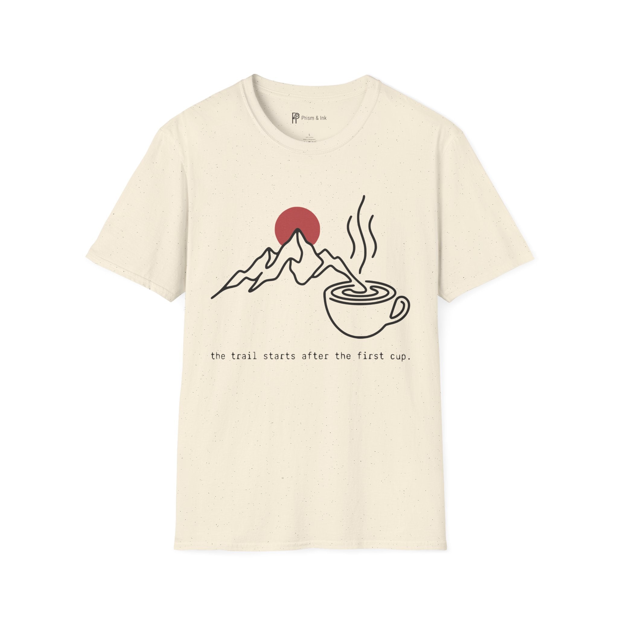 Trail Starts After Coffee T-Shirt — Minimalist Mountain & First Cup Graphic