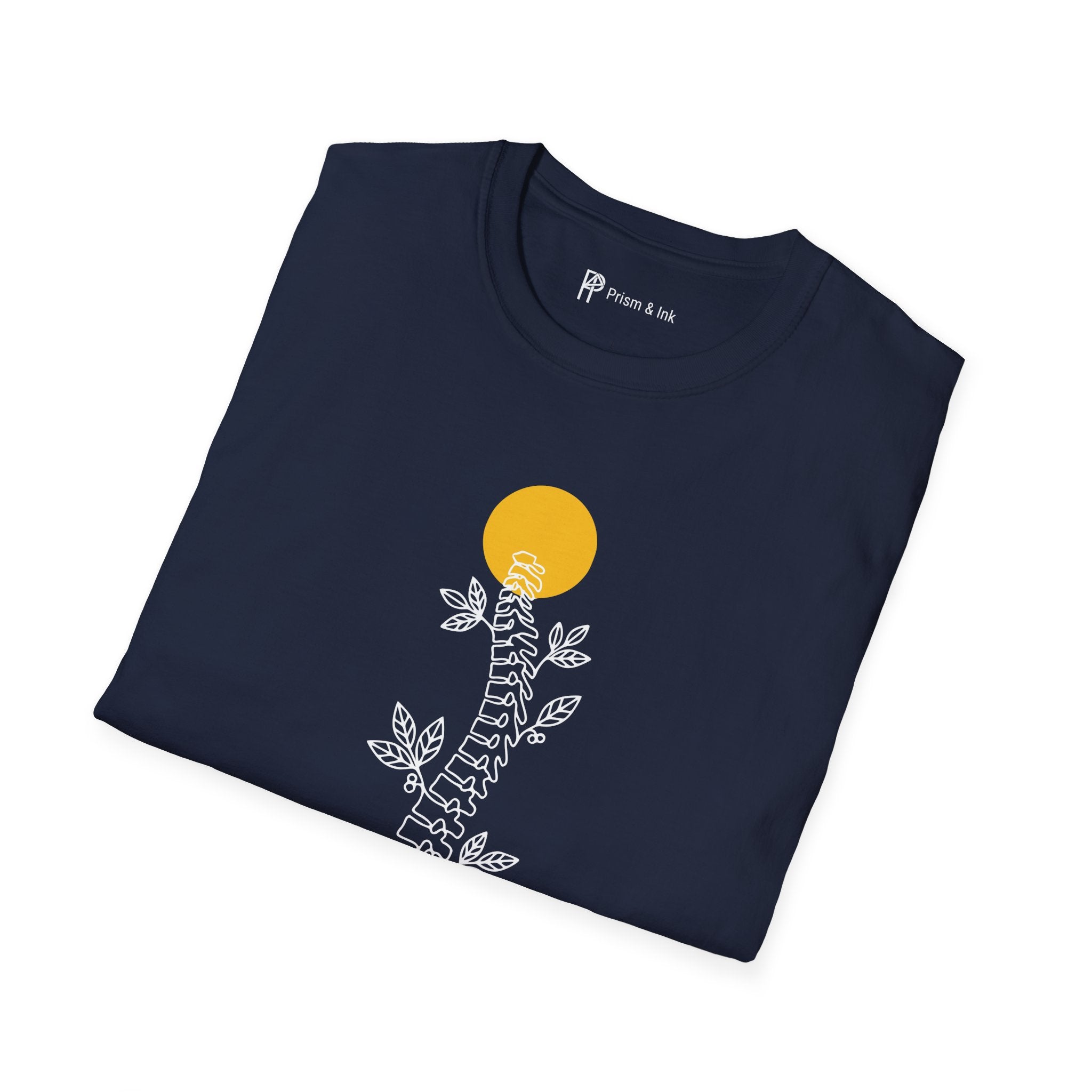 Rooted in Caffeine T-Shirt — Spinal Coffee Branch and Sun Graph
