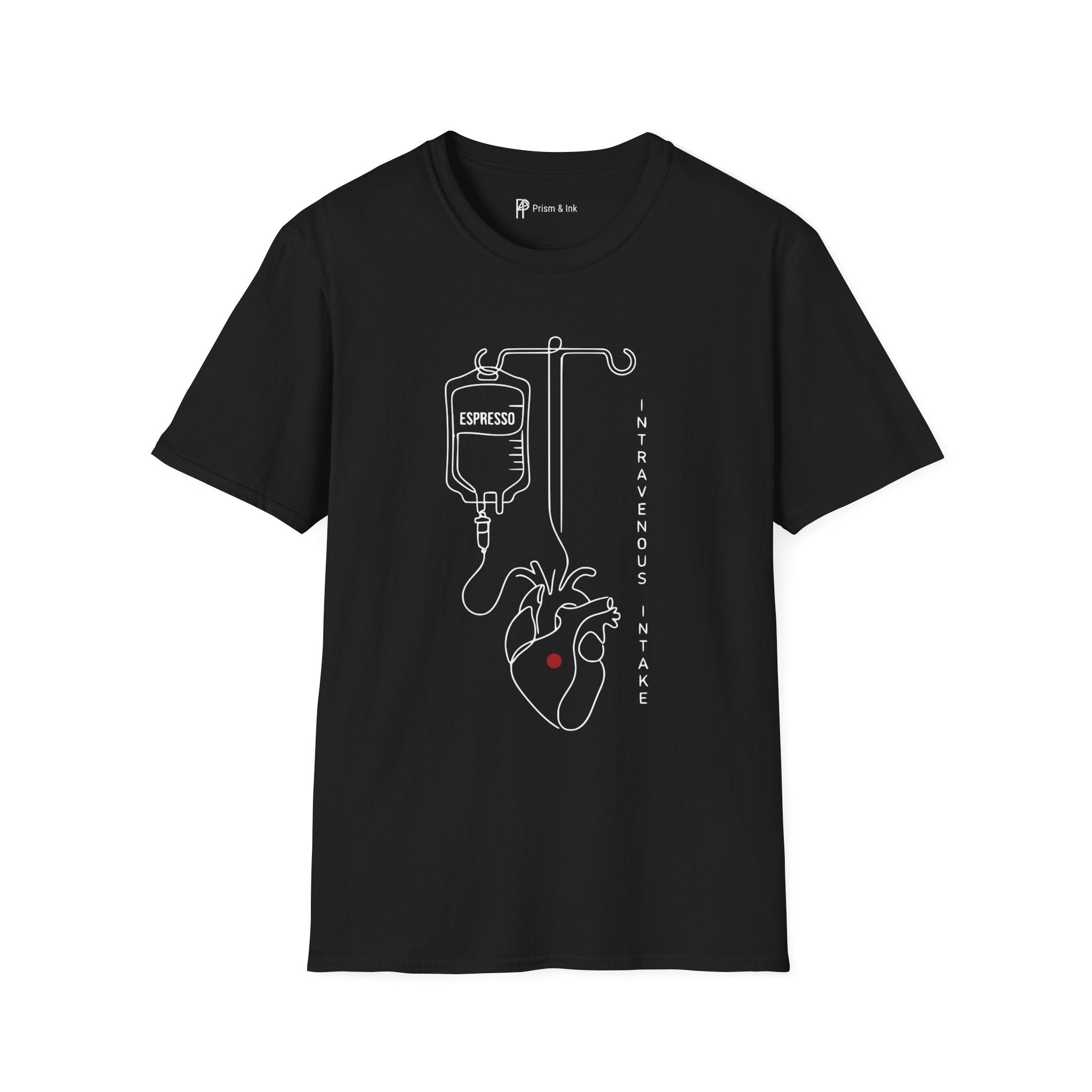Intravenous Intake T-Shirt — Espresso IV and Heart Line Art