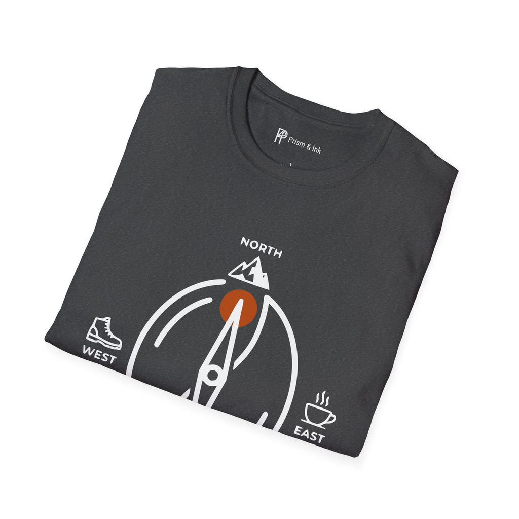 Caffeine Compass T-Shirt — Minimalist Coffee Bean Navigation