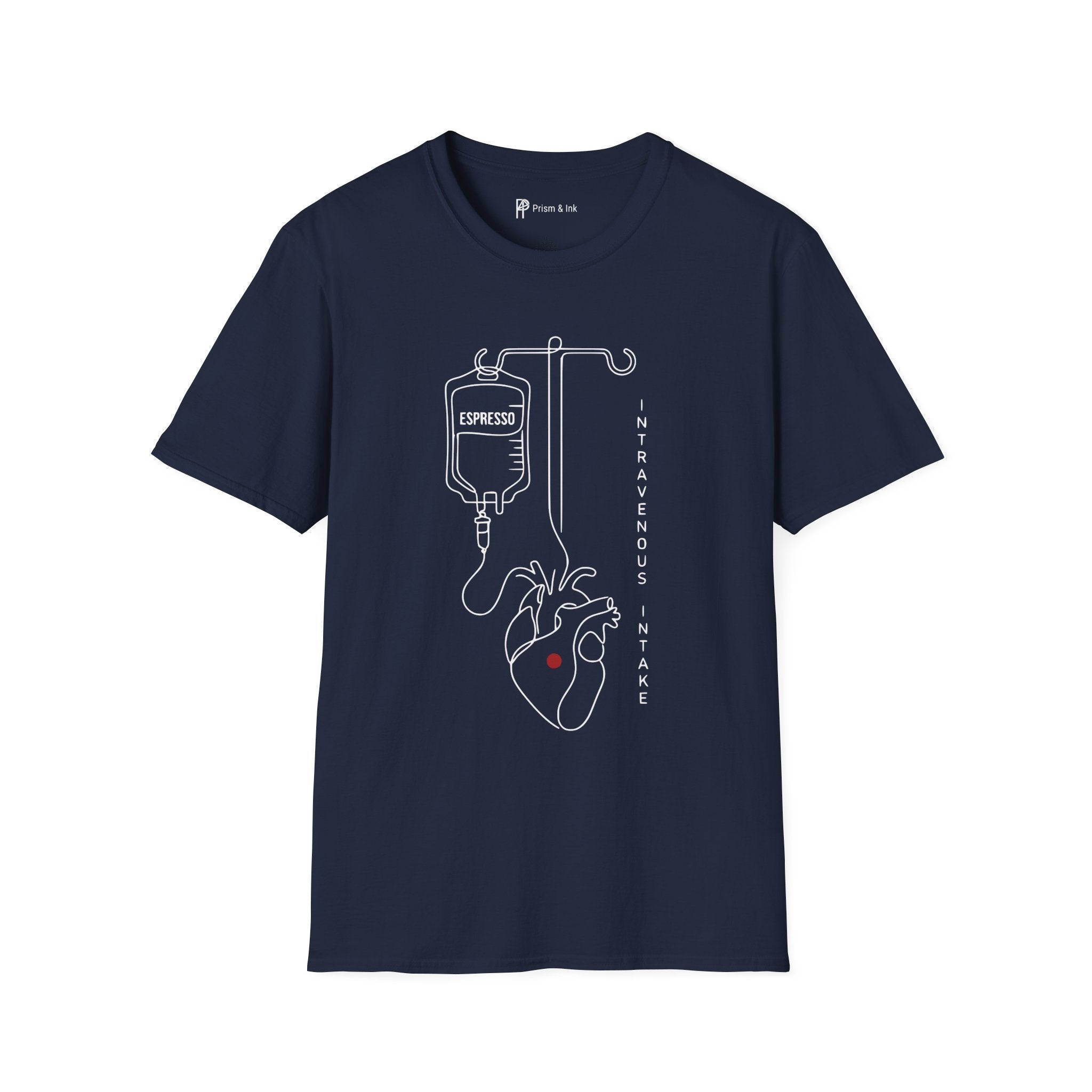 Intravenous Intake T-Shirt — Espresso IV and Heart Line Art
