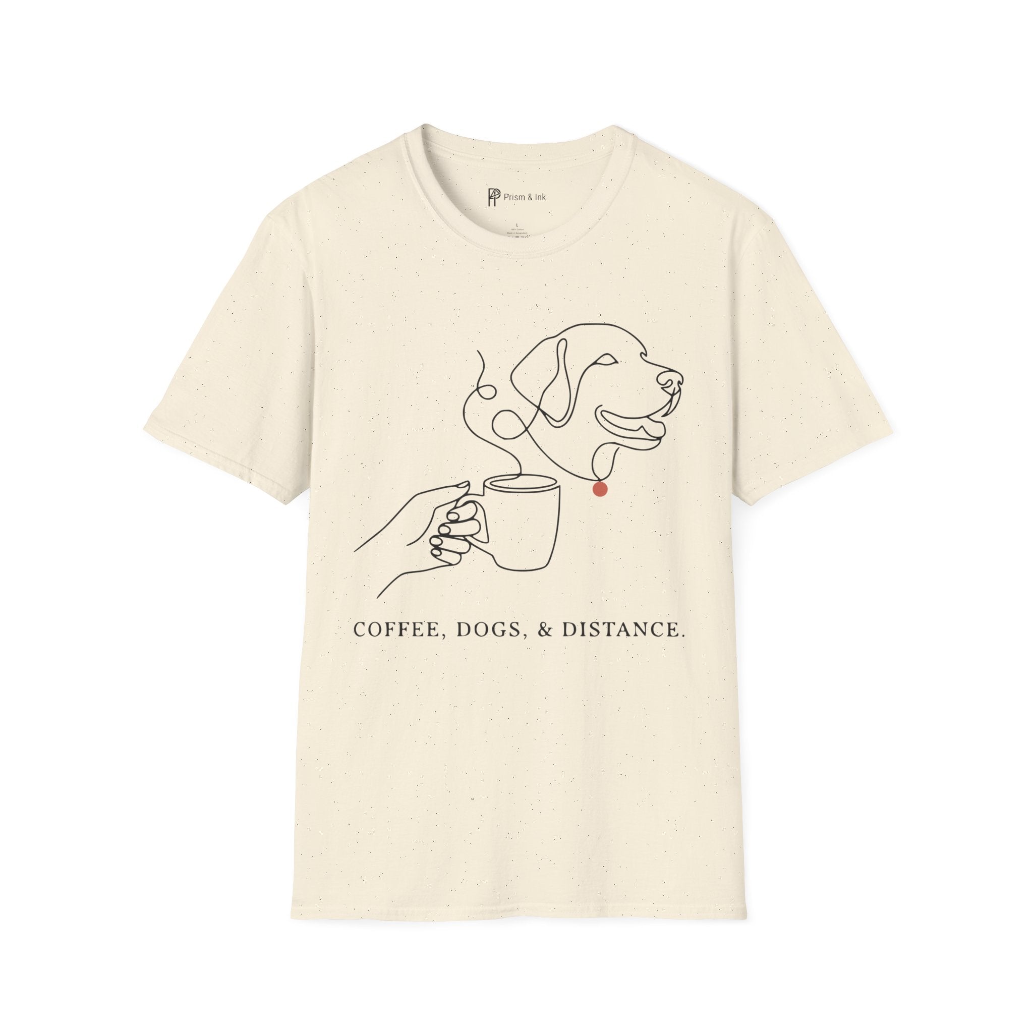 Coffee & Dogs T-Shirt — One Line Art Labrador and Steaming Cup