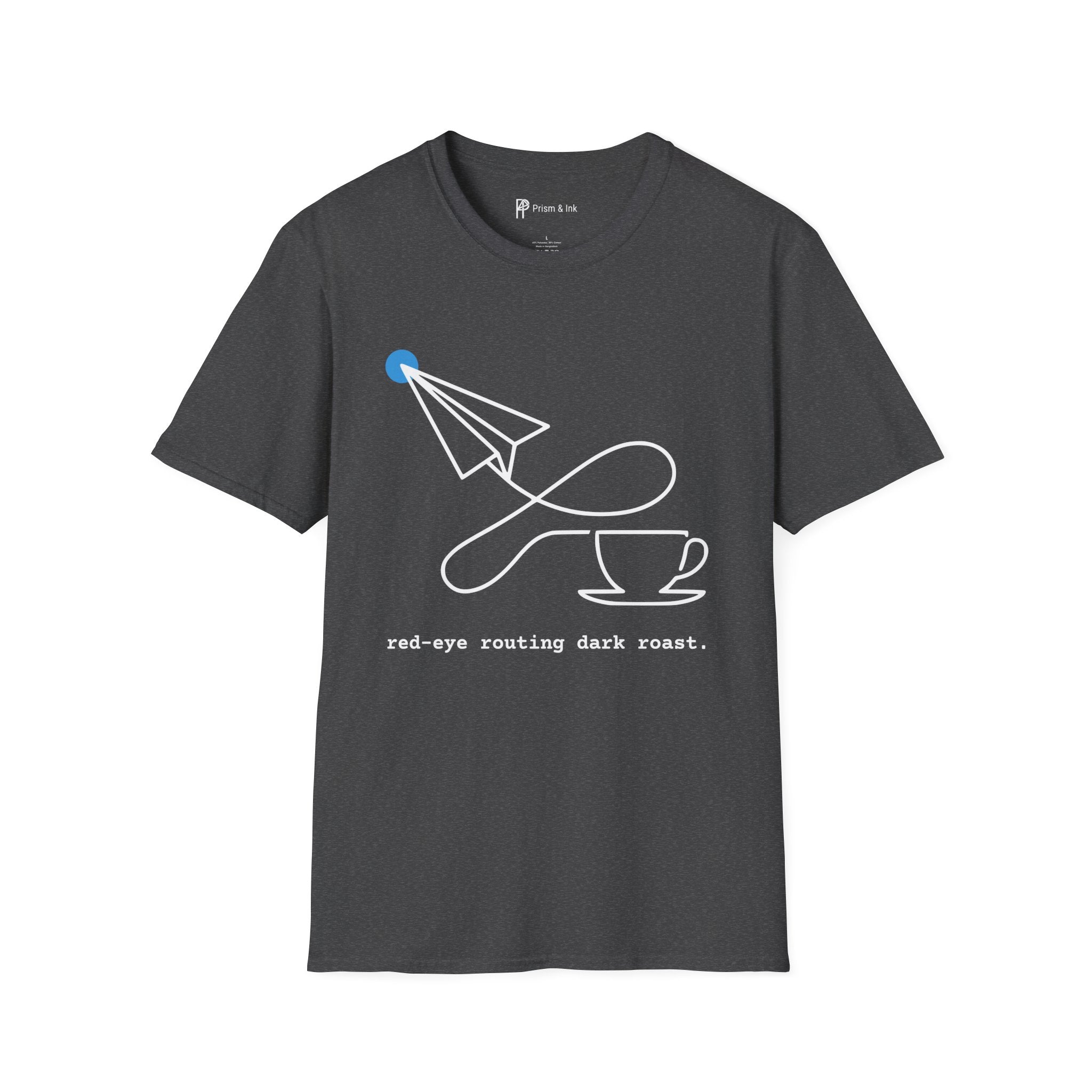 Red-Eye Routing Dark Roast T-Shirt — Minimalist Paper Plane & Coffee Flight Art