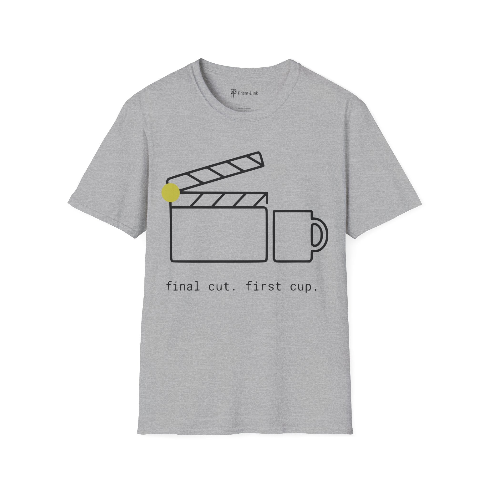 Final Cut First Cup T-Shirt — Minimalist Movie Clapper & Coffee Art