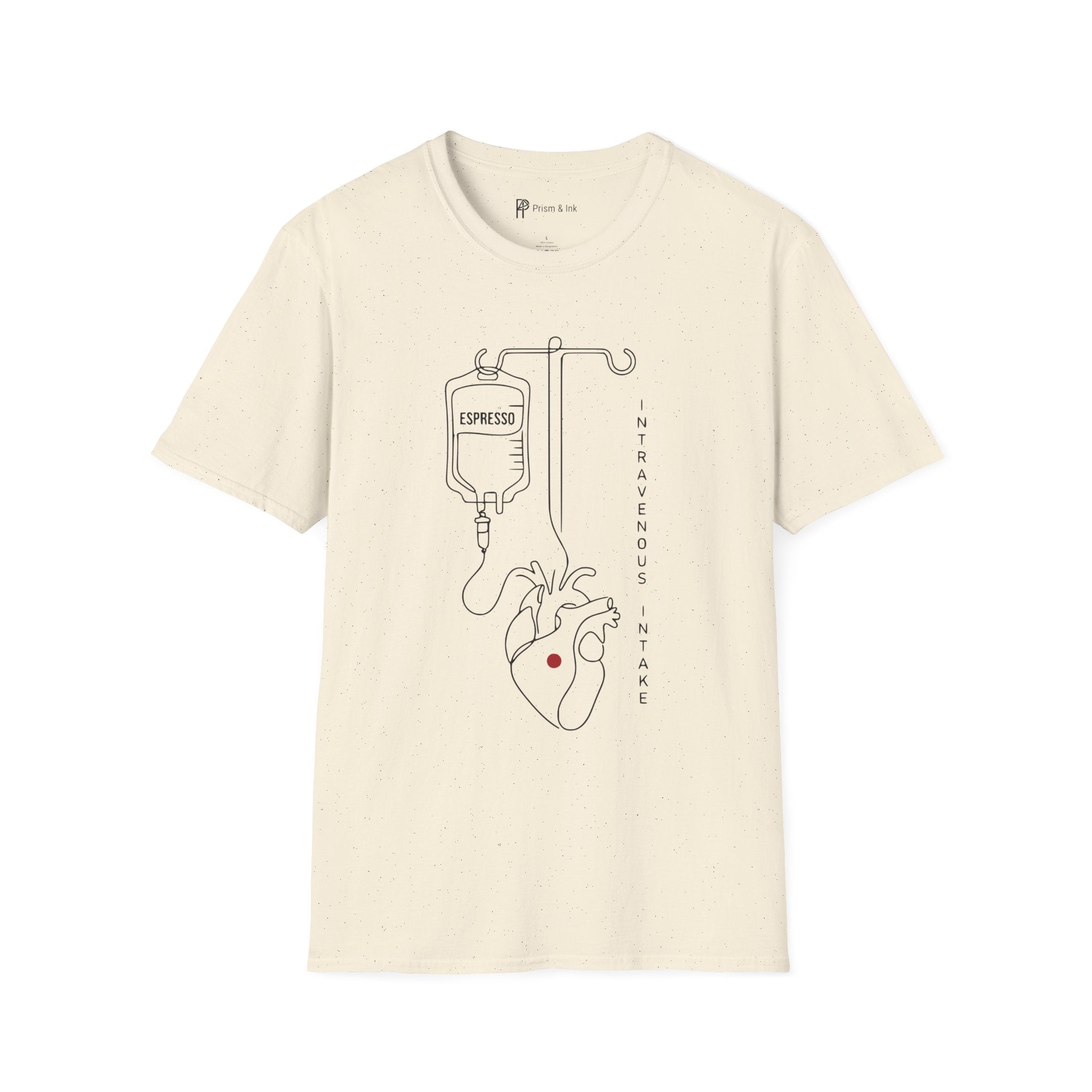 Intravenous Intake T-Shirt — Espresso IV and Heart Line Art