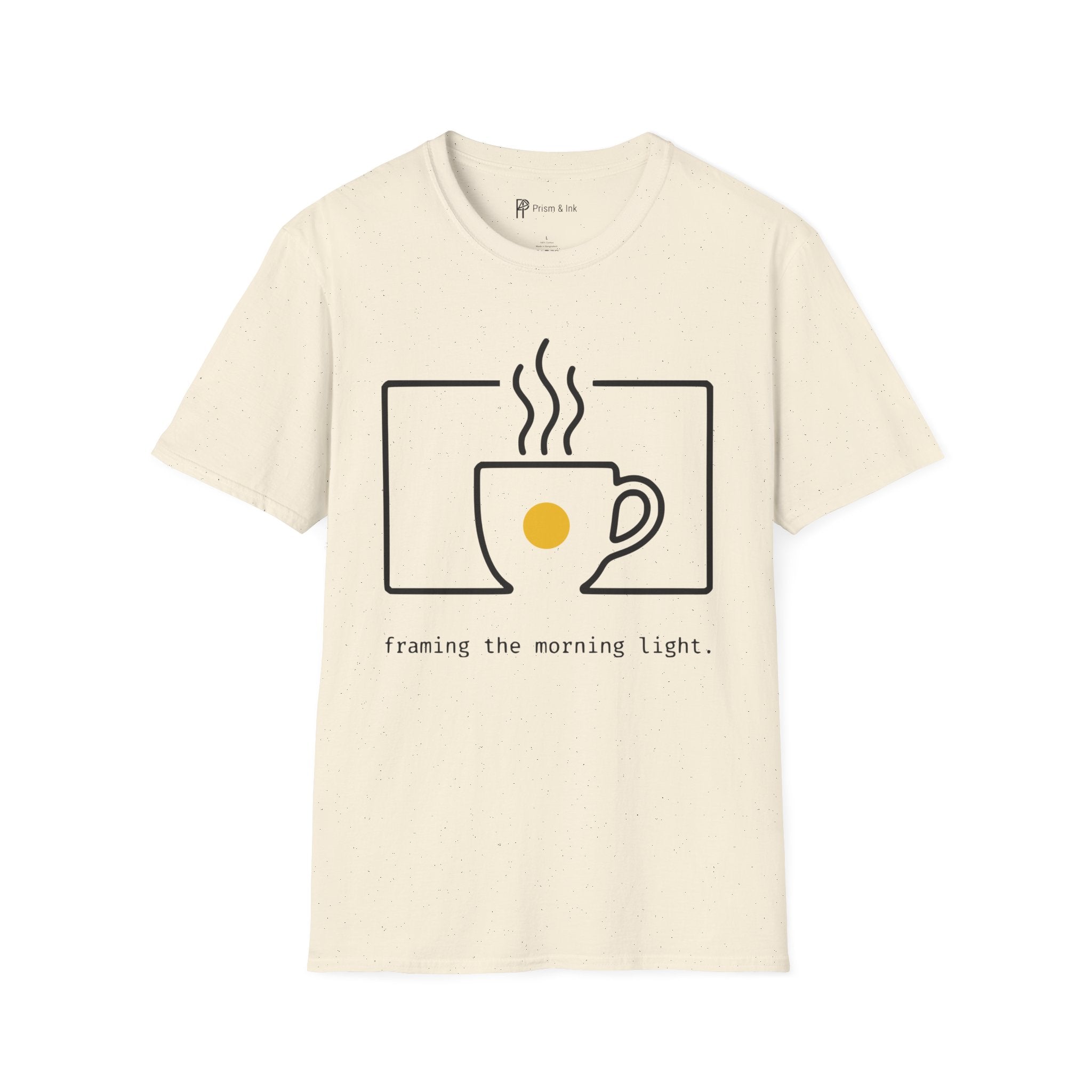 Framing the Morning Light T-Shirt — Minimalist Viewfinder & Coffee Cup Art