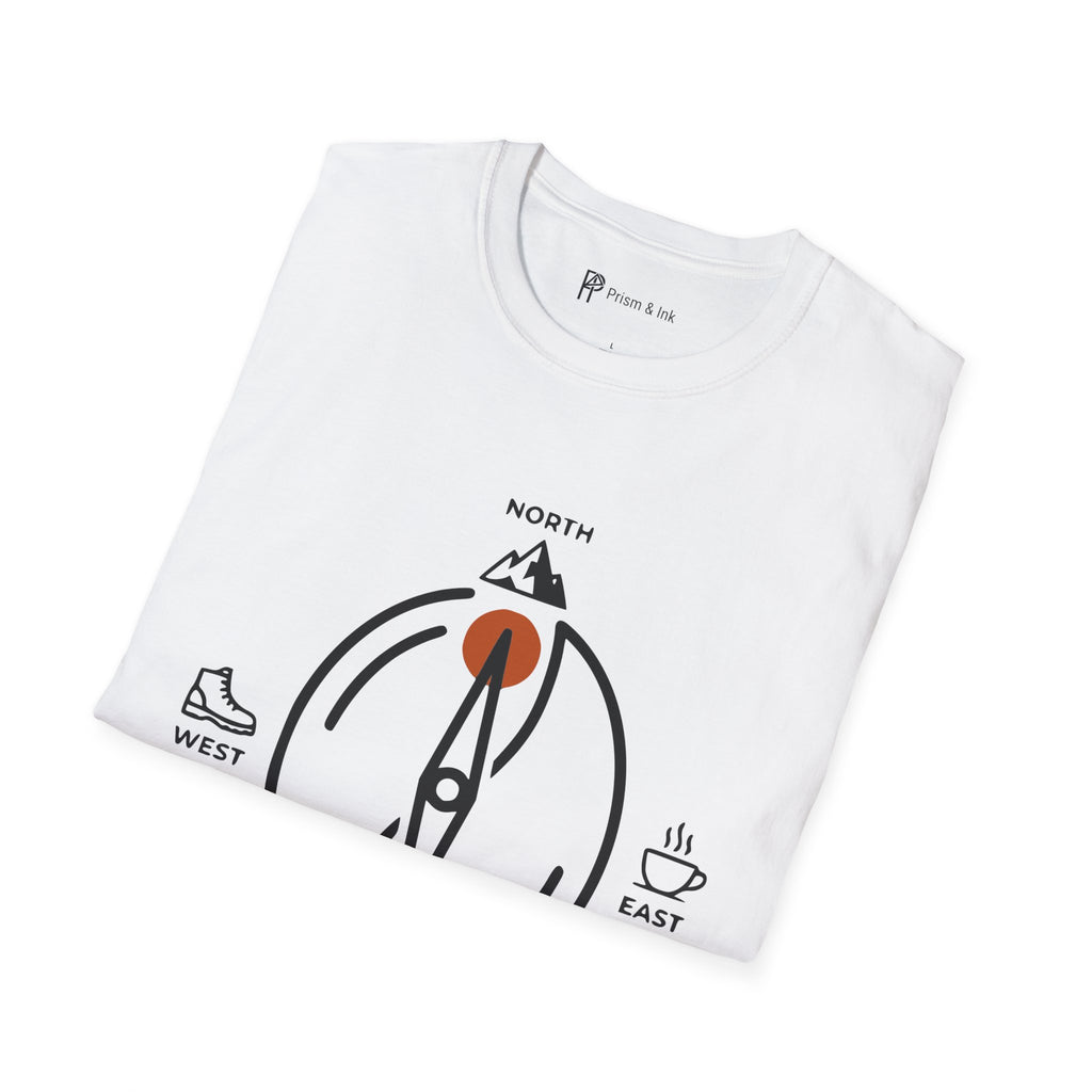Caffeine Compass T-Shirt — Minimalist Coffee Bean Navigation