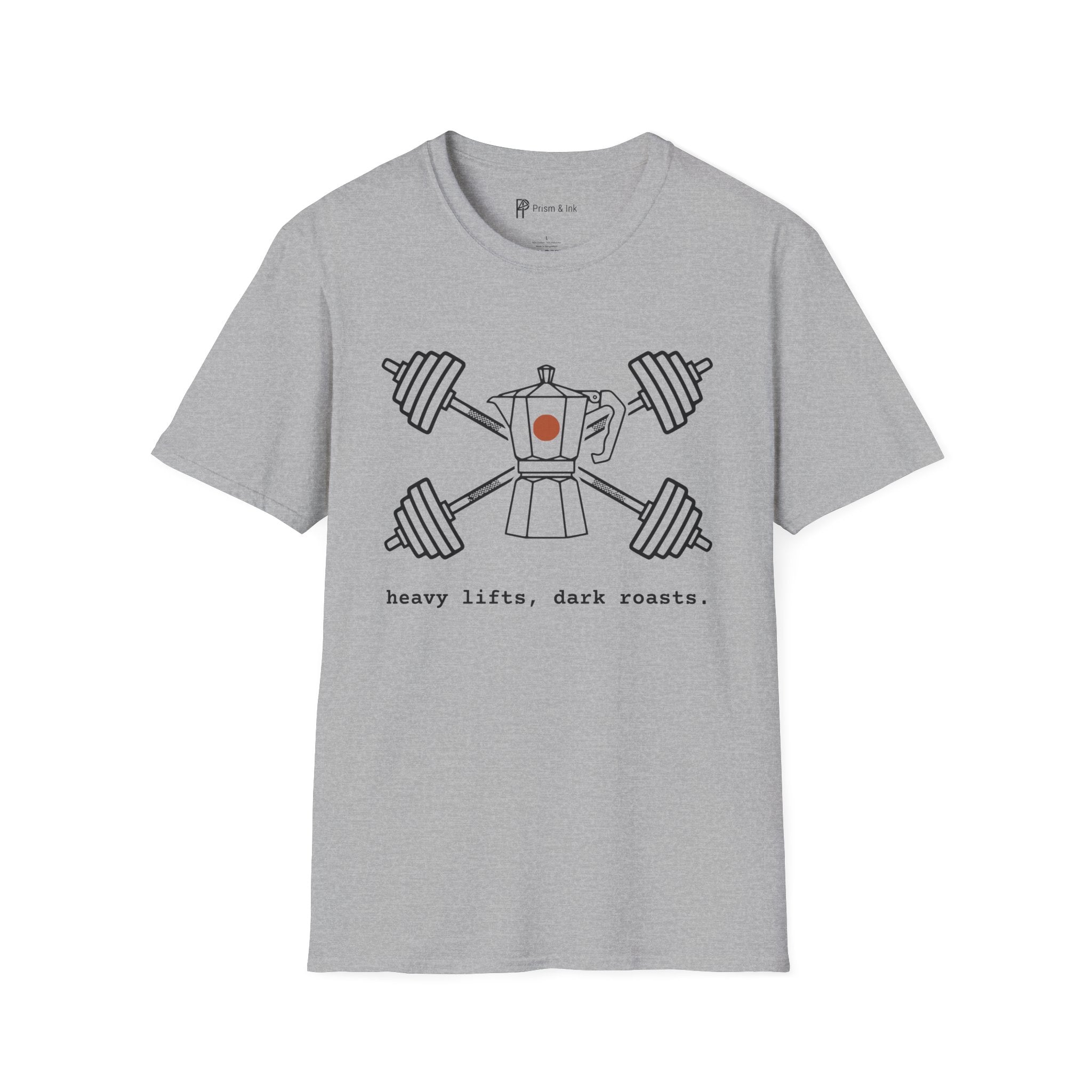 Heavy Lifts Dark Roasts T-Shirt — Minimalist Moka Pot & Gym Barbell Art