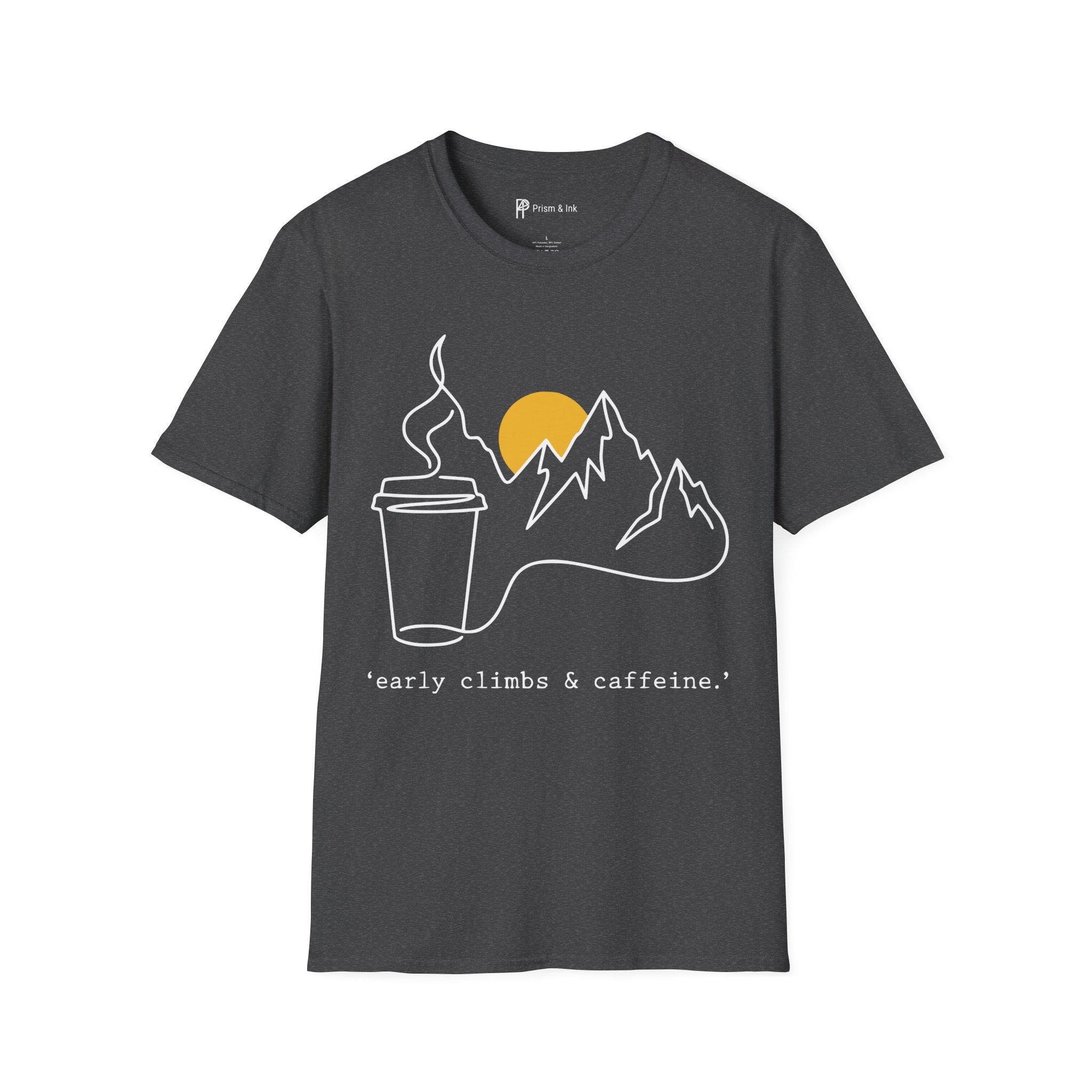 Early Climbs & Caffeine T-Shirt — Minimal Mountain and Mug Line Art