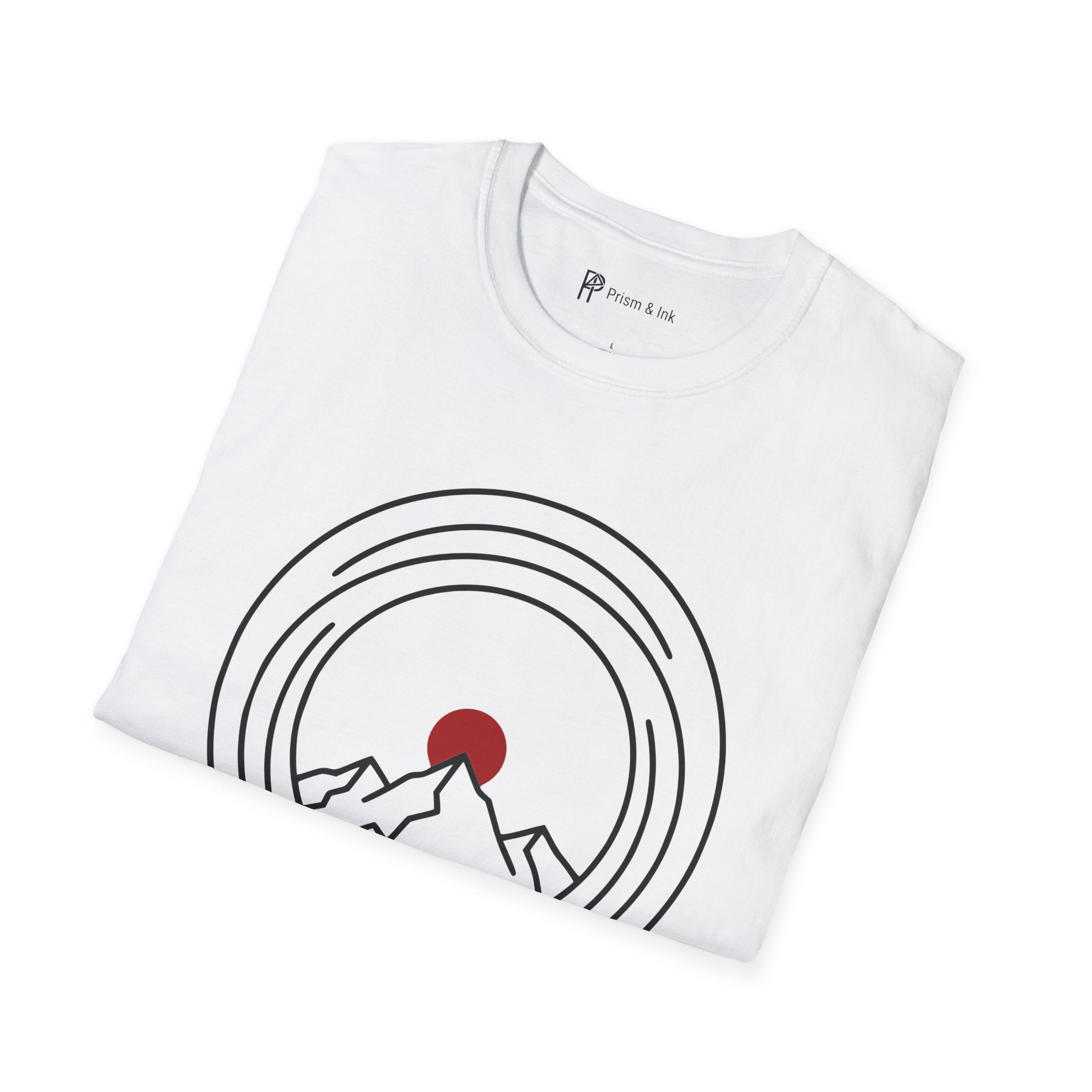 Mountain Horizon T-Shirt — Steaming Camp Mug and Snow Peaks