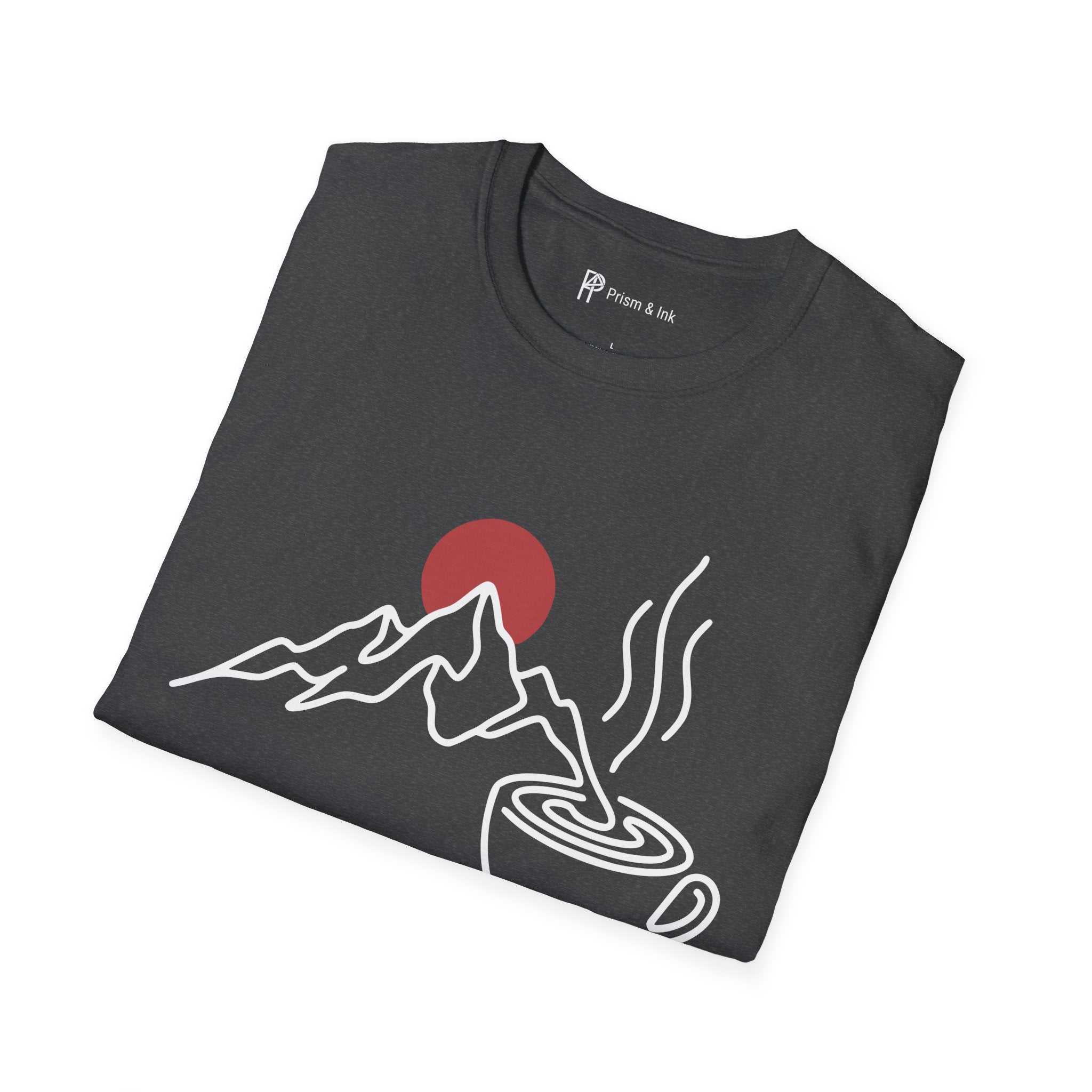 Trail Starts After Coffee T-Shirt — Minimalist Mountain & First Cup Graphic