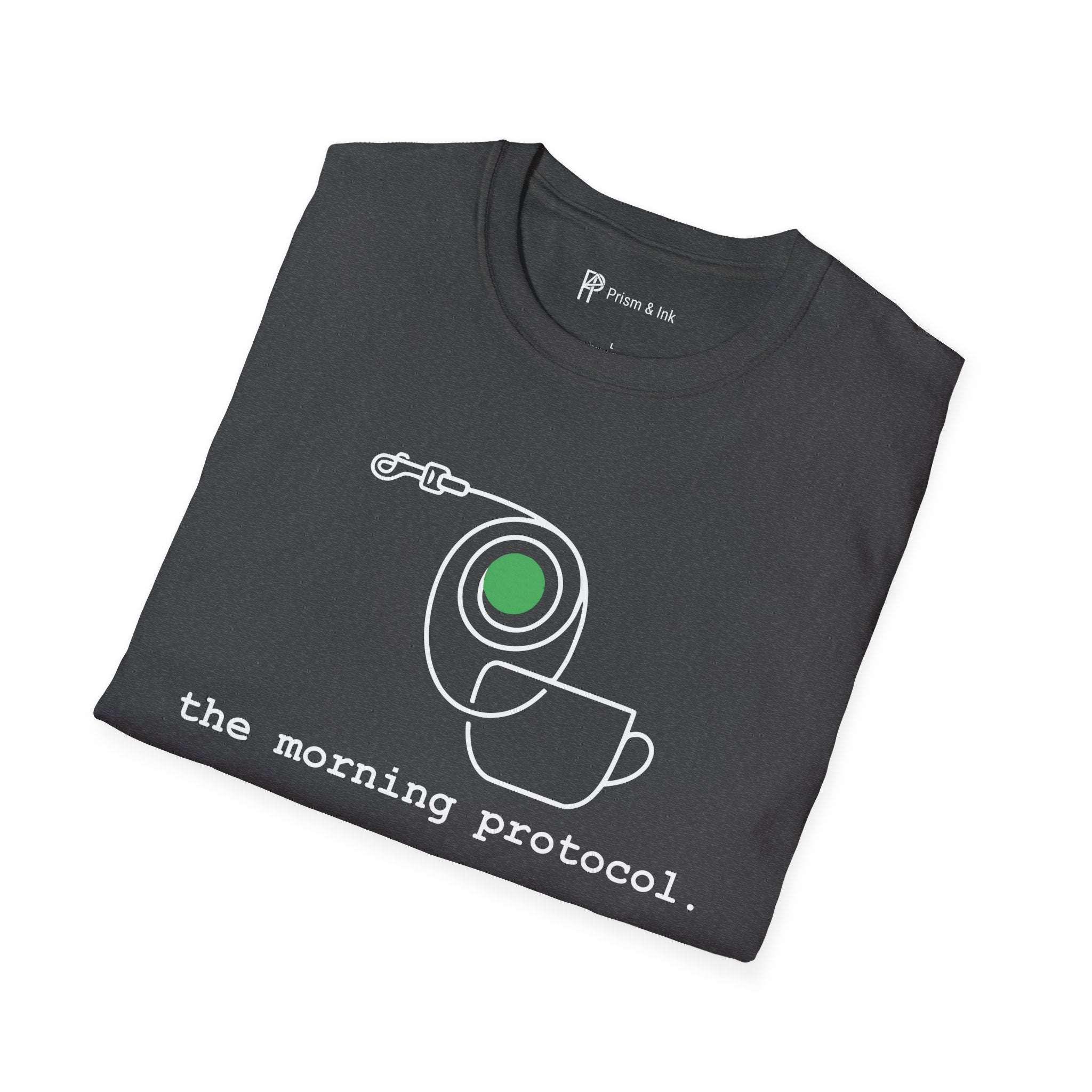 Morning Protocol T-Shirt — Minimalist Dog Leash & Coffee Cup Graphic