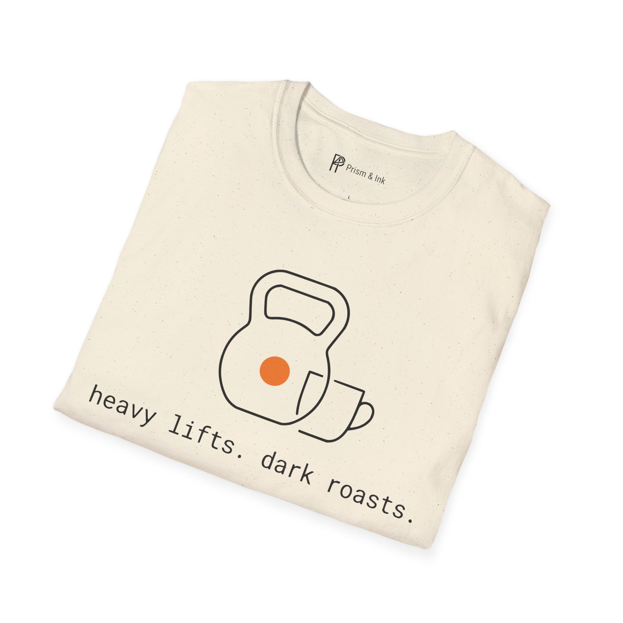 Heavy Lifts & Dark Roasts T-Shirt — Minimalist Kettlebell & Coffee Line Art