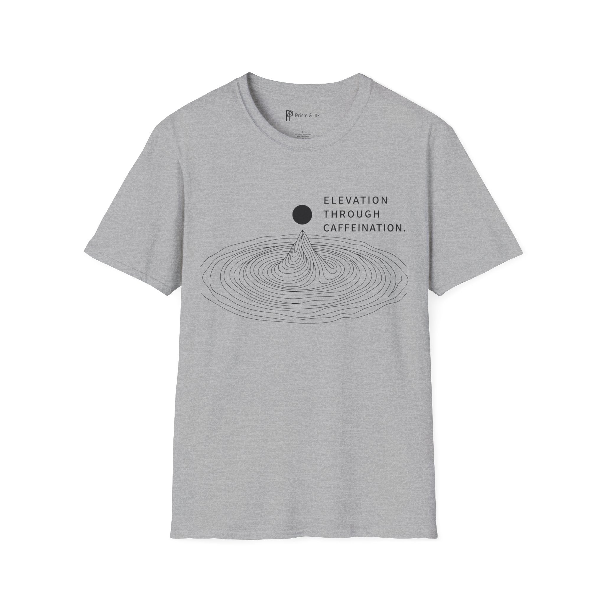 Elevation Through Caffeination T-Shirt — Topographic Peak and Caffeination Graph