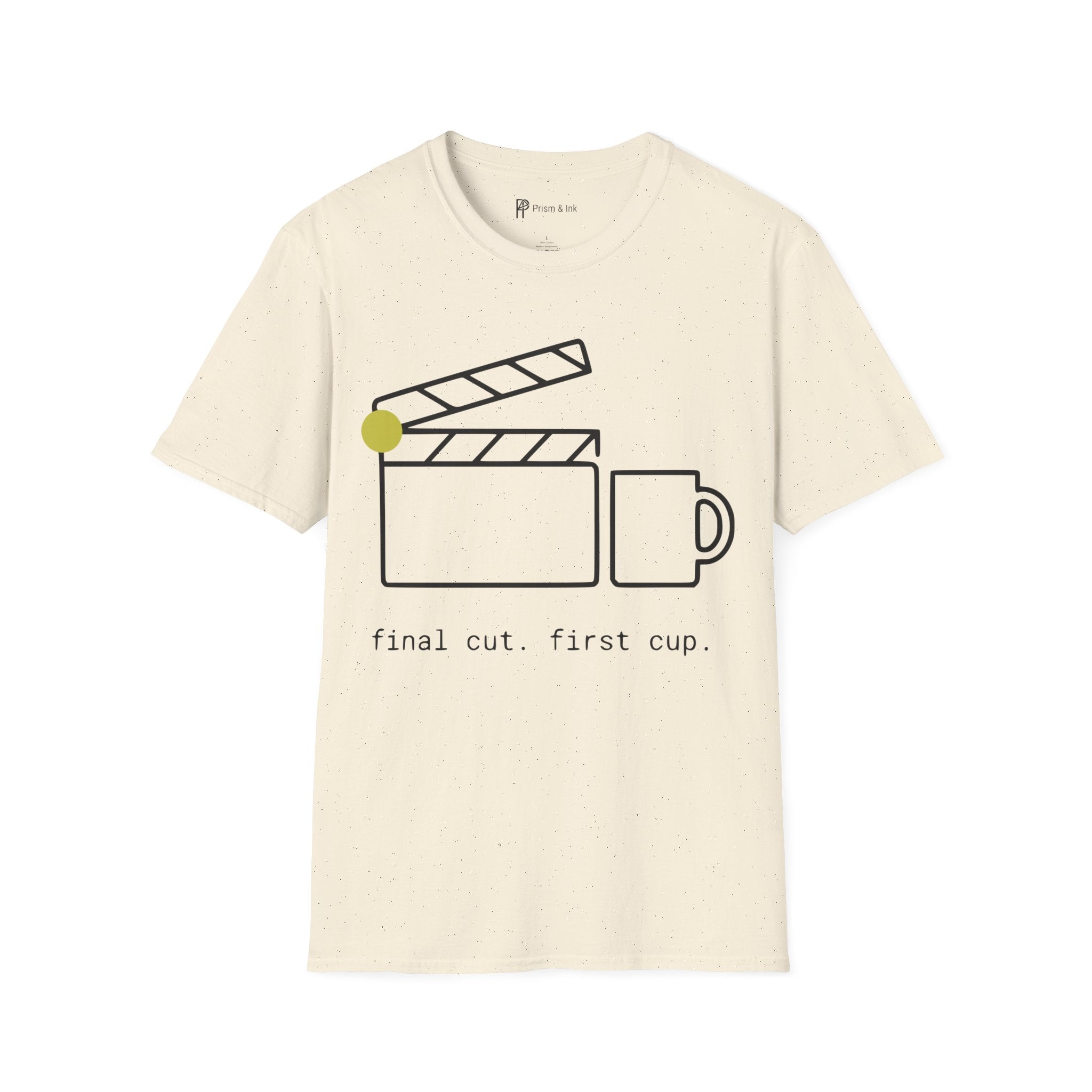 Final Cut First Cup T-Shirt — Minimalist Movie Clapper & Coffee Art