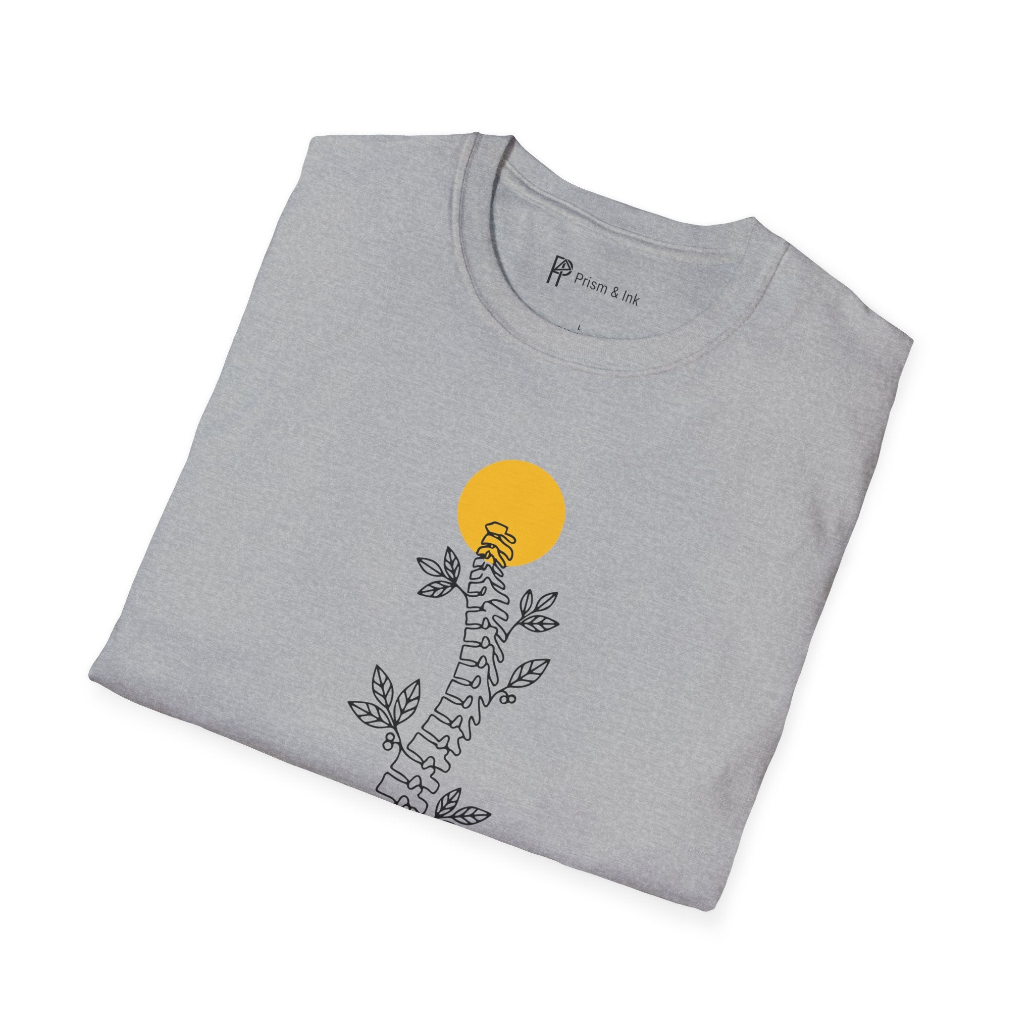 Rooted in Caffeine T-Shirt — Spinal Coffee Branch and Sun Graph