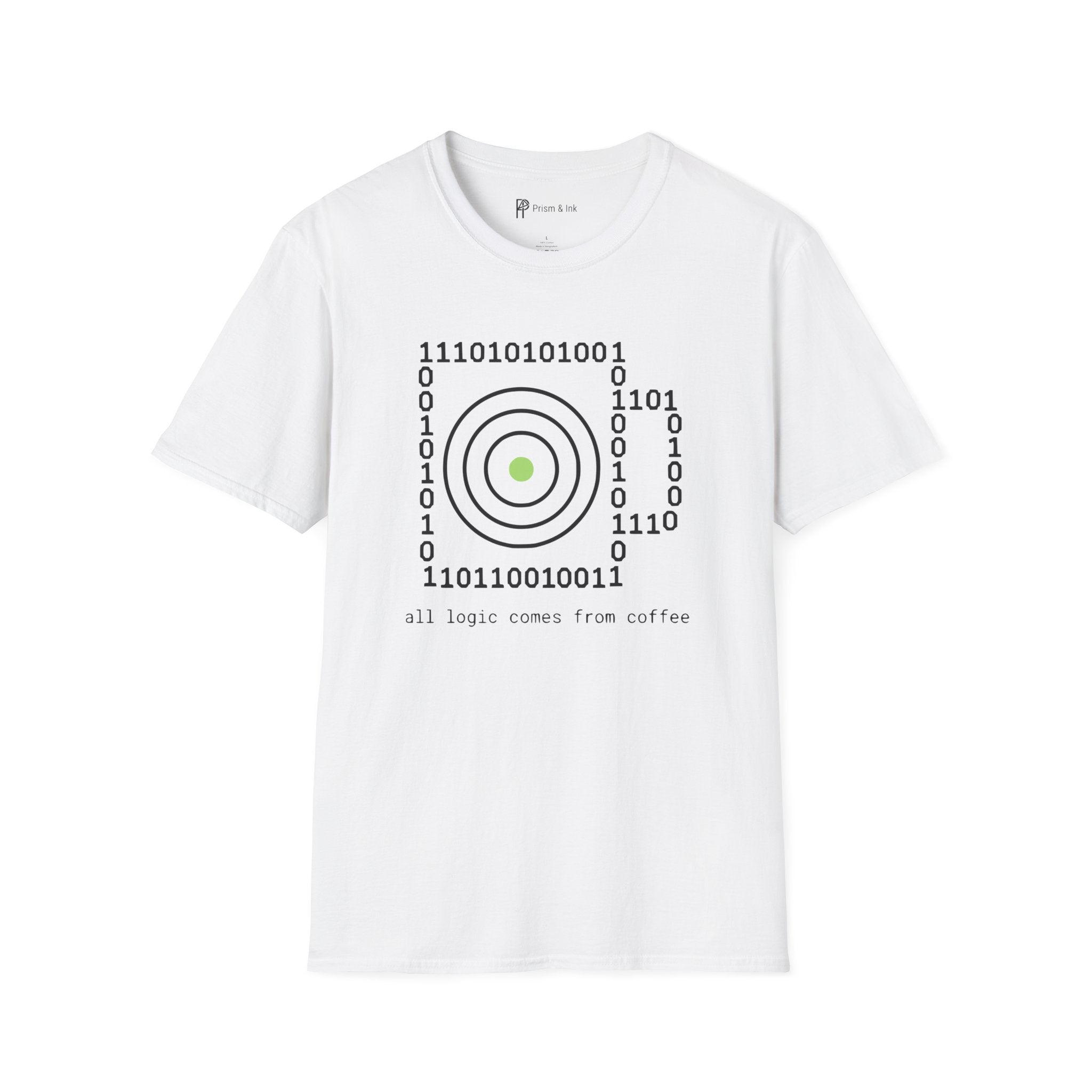 Binary Code Target T-Shirt — "All Logic Comes From Coffee" Geek T-Shirt