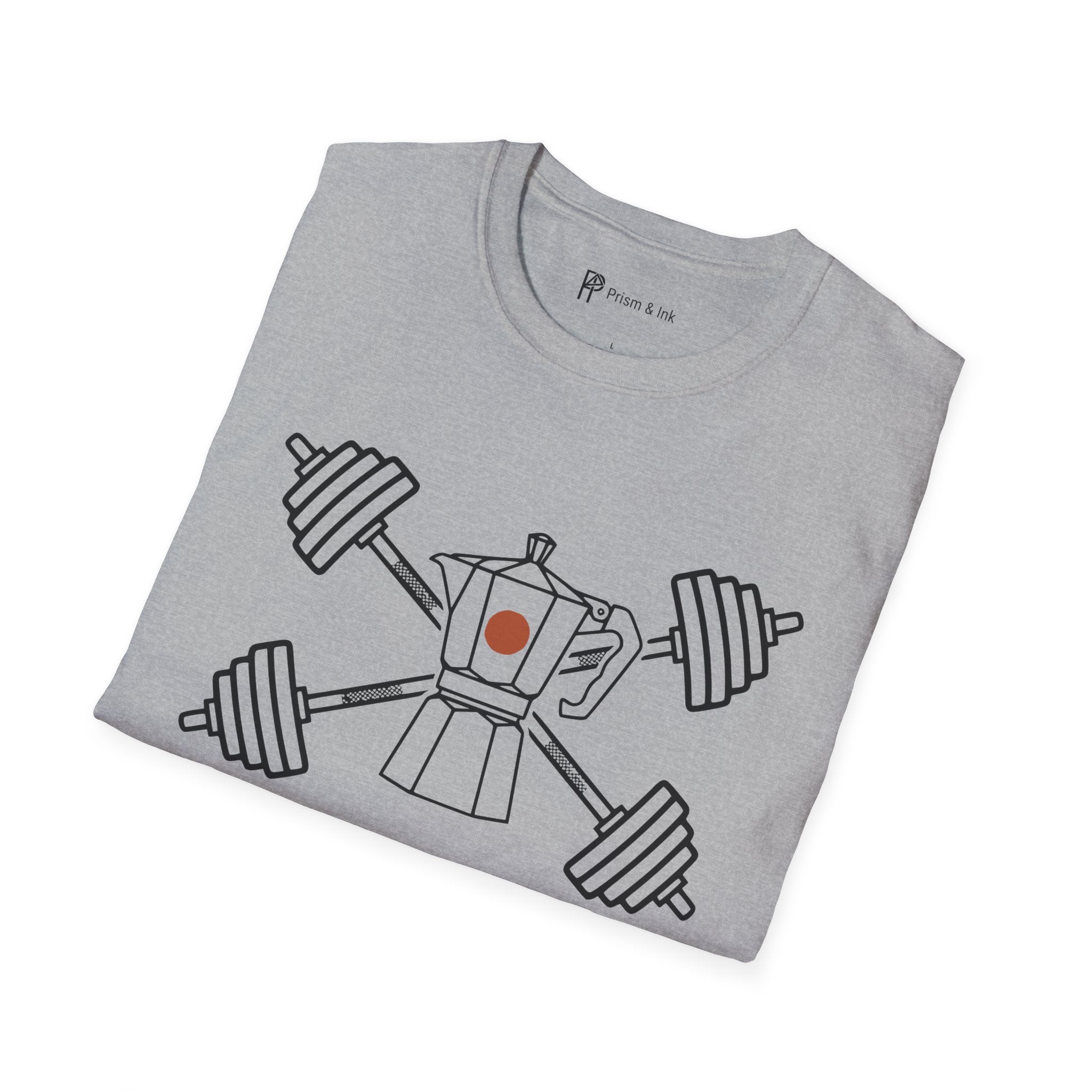 Heavy Lifts Dark Roasts T-Shirt — Minimalist Moka Pot & Gym Barbell Art