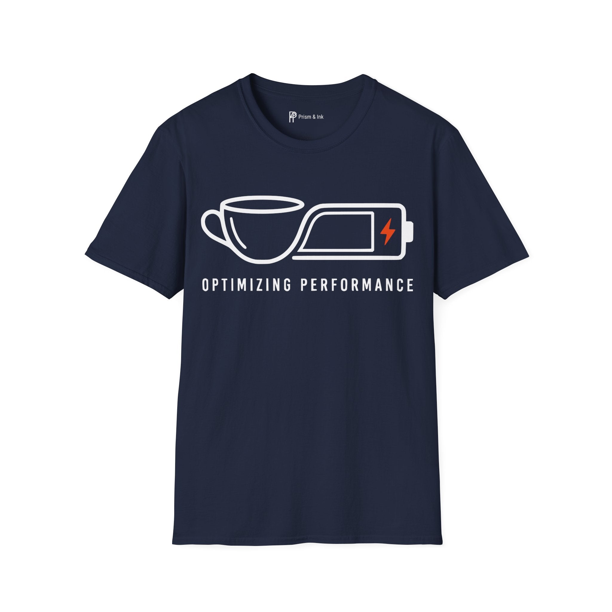 Optimizing Performance T-Shirt — Minimalist Coffee Cup & Battery Charge Graphic
