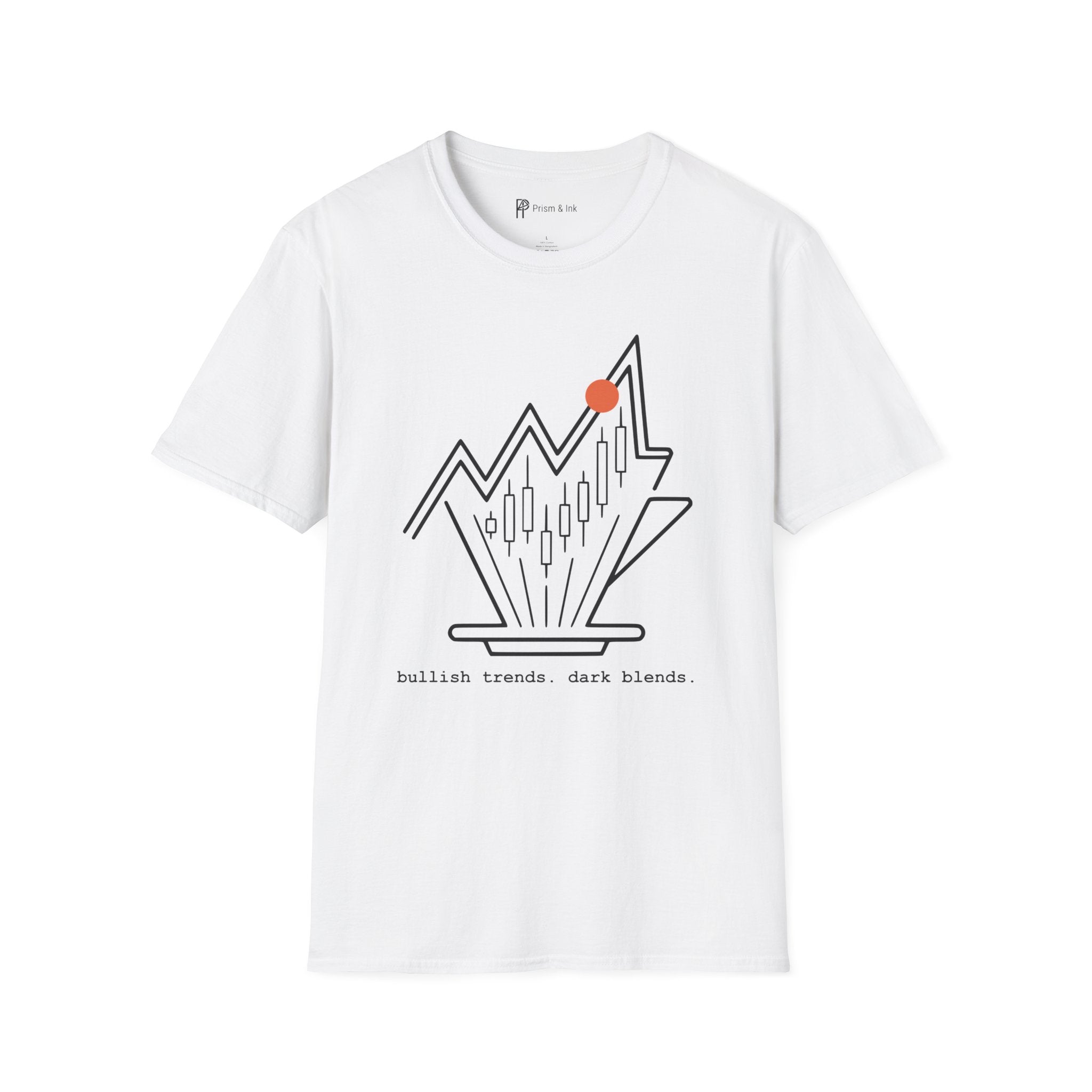 Bullish Trends Dark Blends T-Shirt — Minimalist Stock Market & Coffee Art