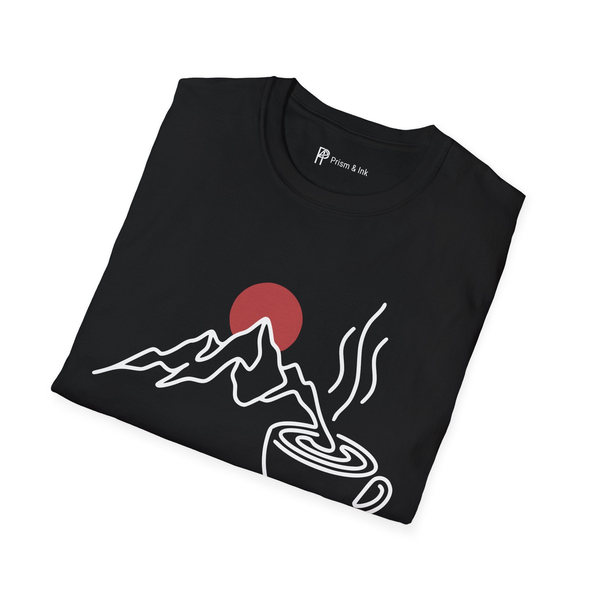 Trail Starts After Coffee T-Shirt — Minimalist Mountain & First Cup Graphic