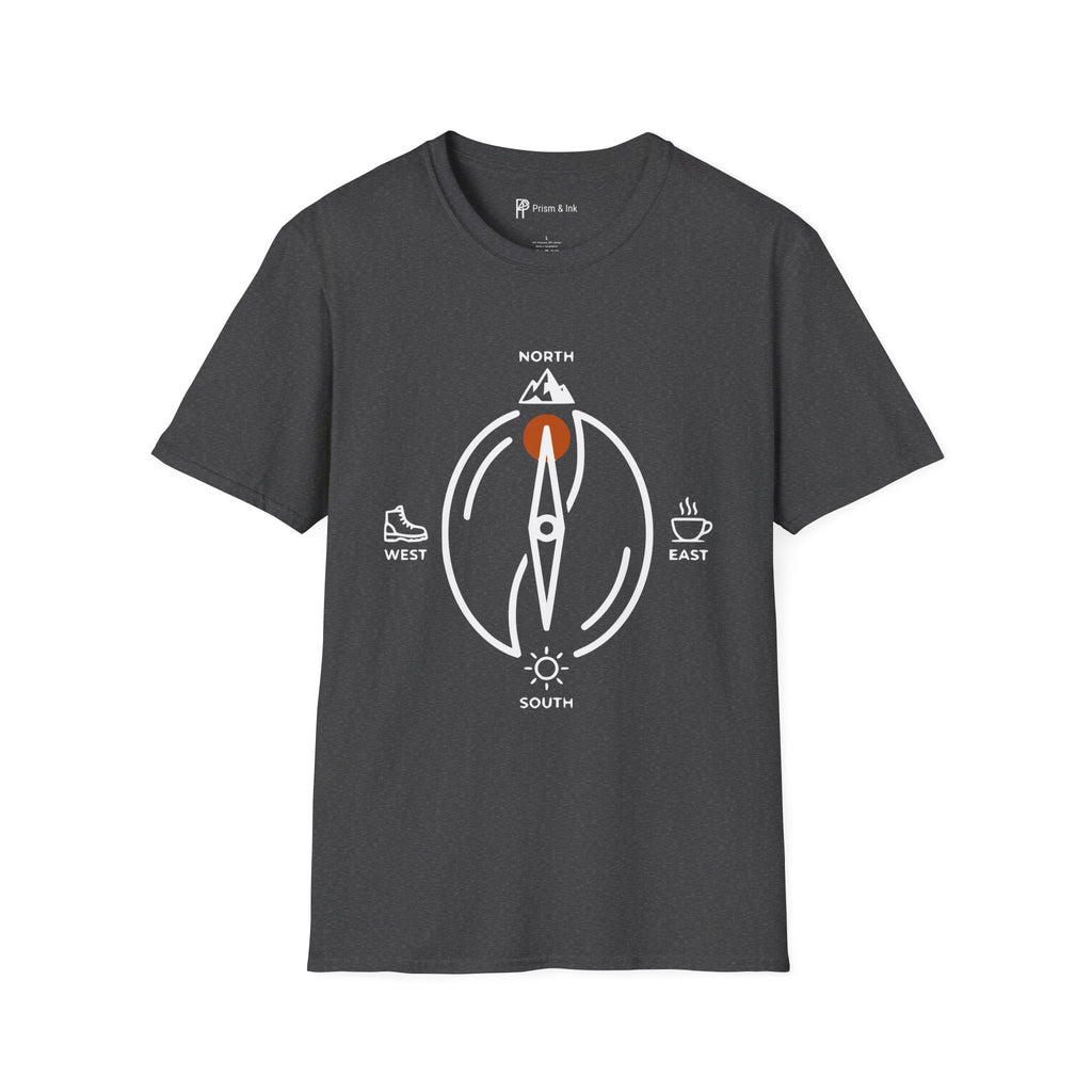 Caffeine Compass T-Shirt — Minimalist Coffee Bean Navigation
