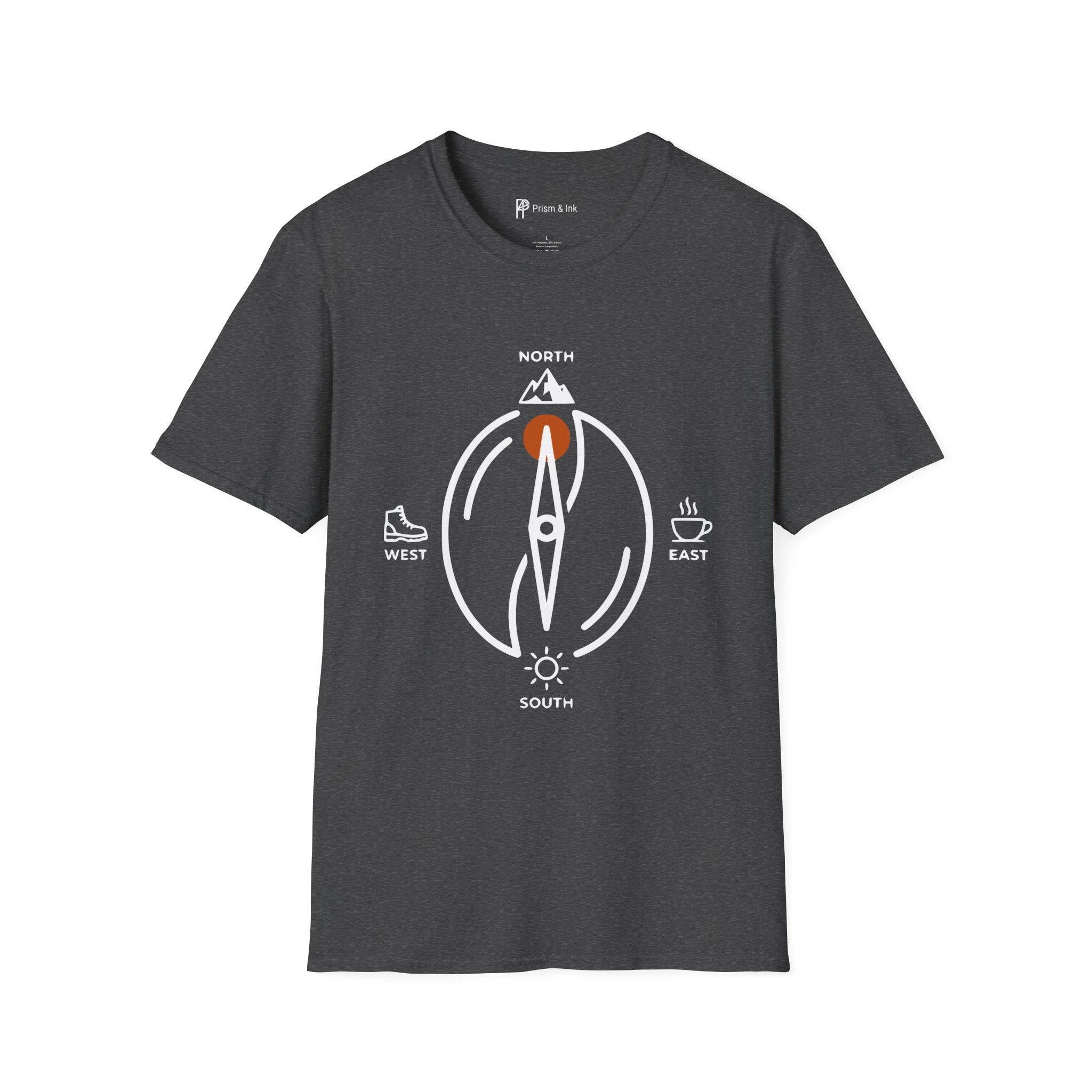 Caffeine Compass T-Shirt — Minimalist Coffee Bean Navigation