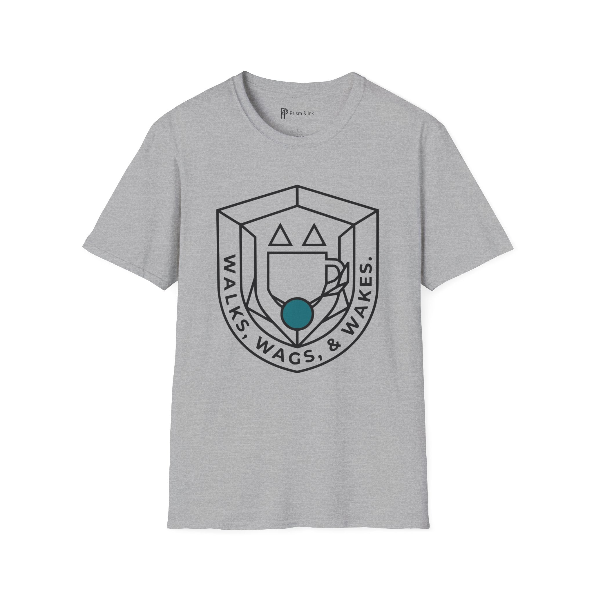 Walks, Wags & Wakes T-Shirt — Geometric Dog and Coffee Crest Graph