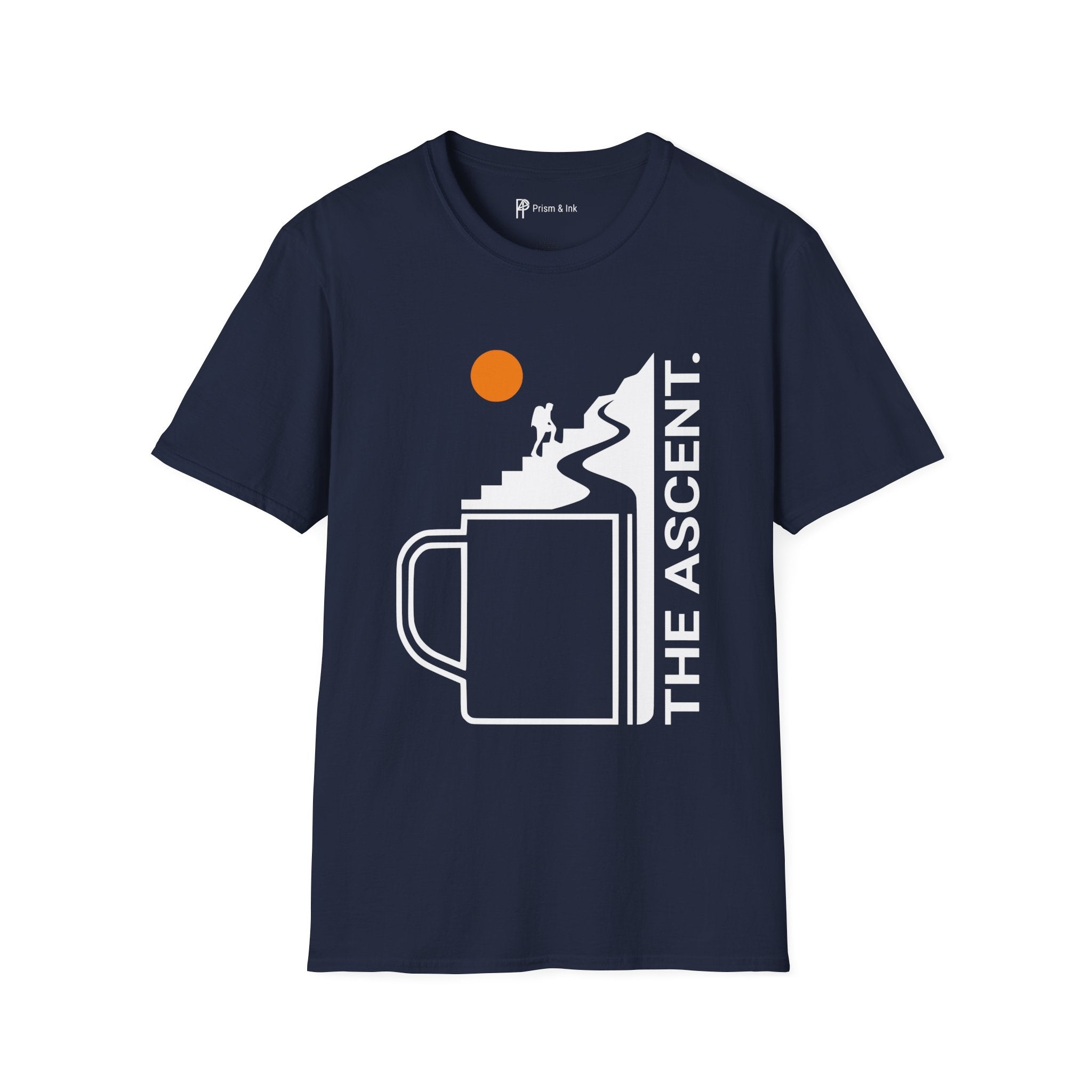 The Ascent T-Shirt — Coffee Cup Mountain Stairs and Hiker