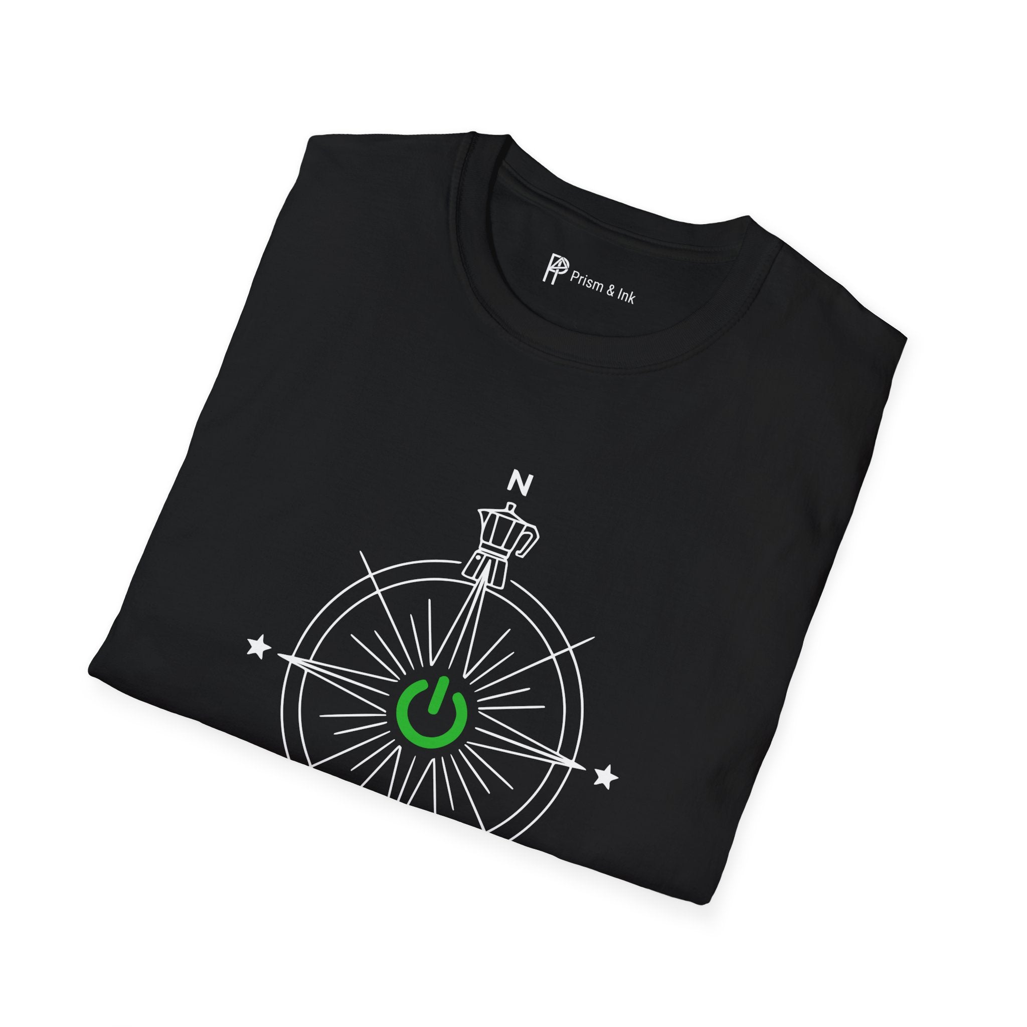 Exploration & Fusion T-Shirt — Minimalist Coffee Compass & Moka Pot Art