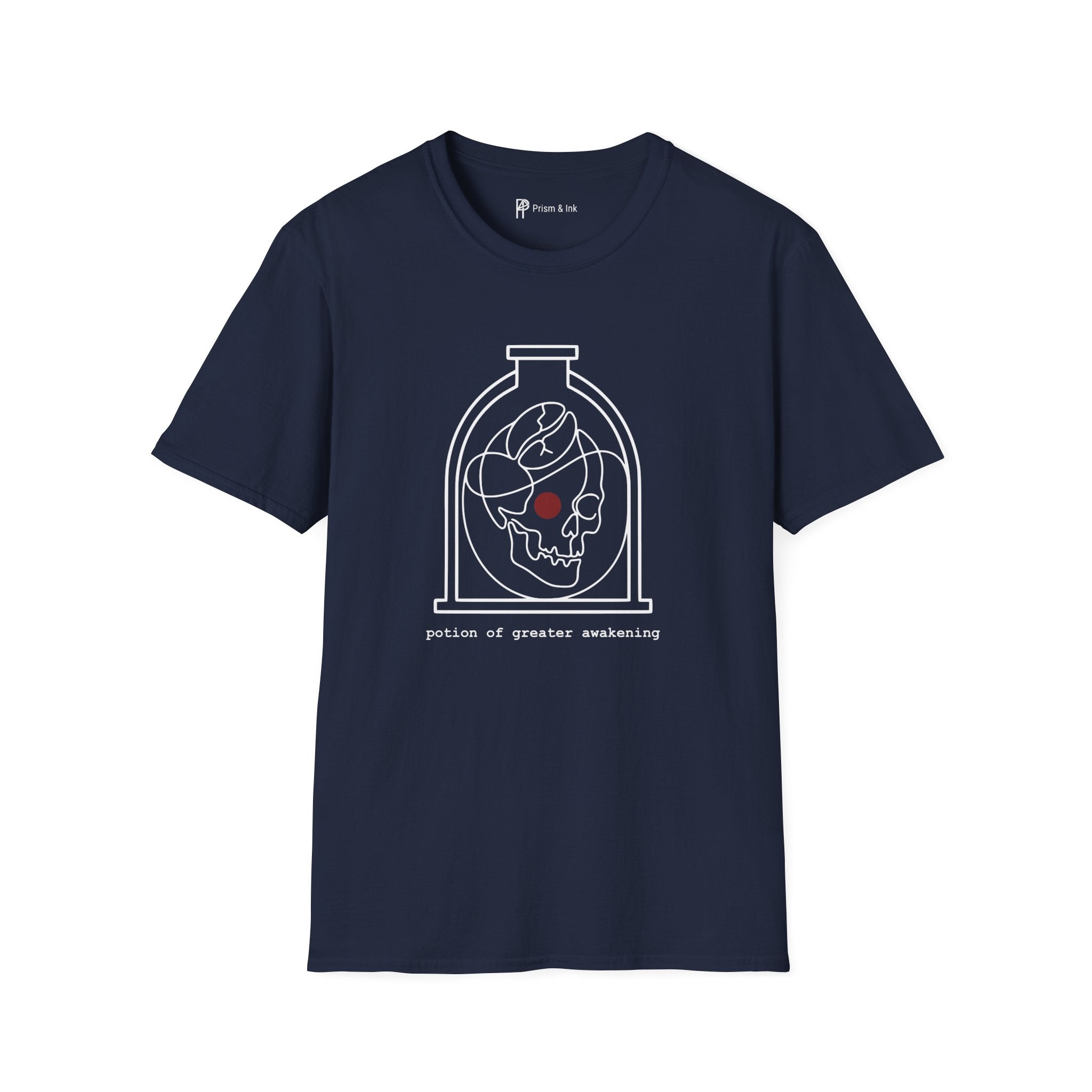 Potion of Greater Awakening T-Shirt — Minimalist Alchemy Flask & Coffee Bean Art
