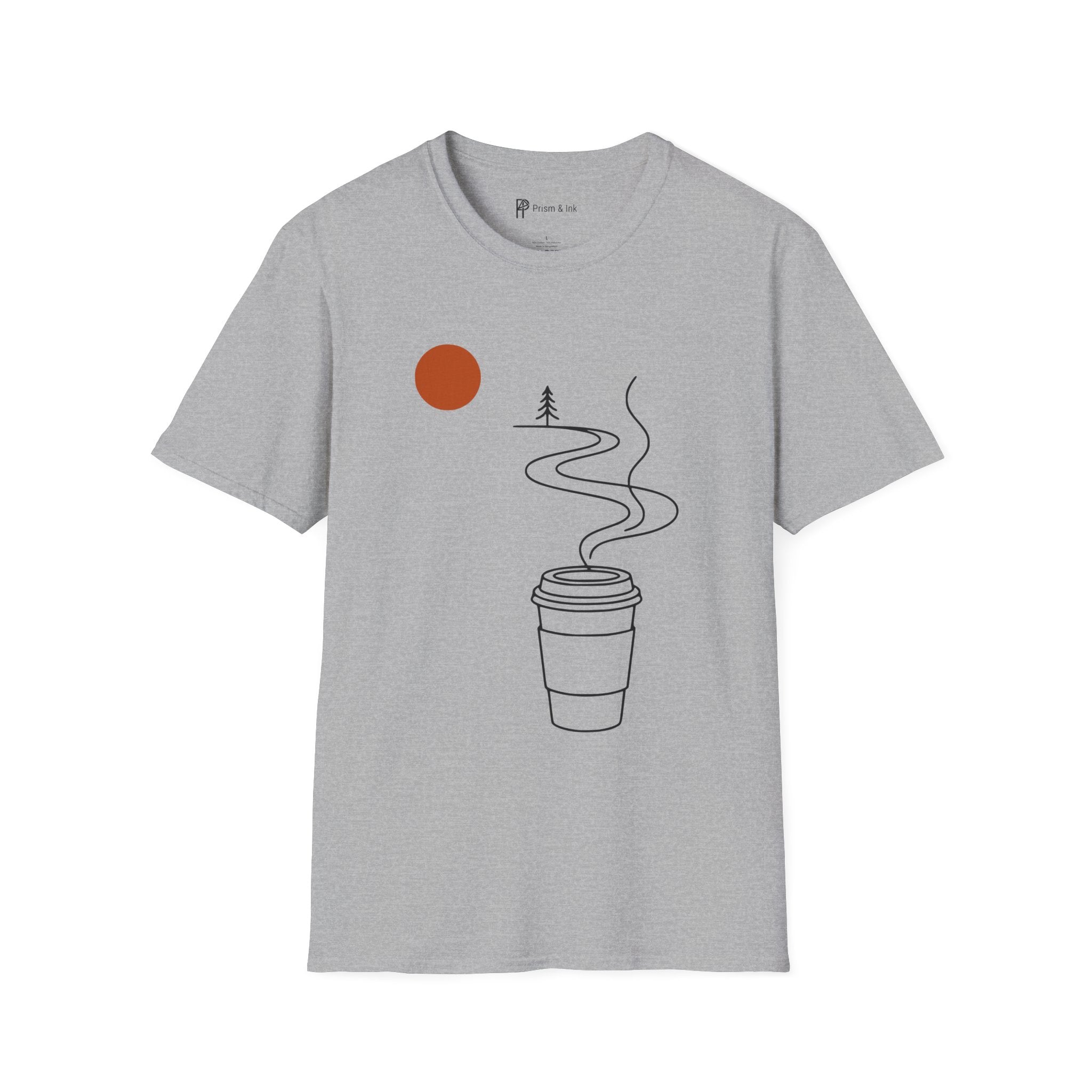 Escape in a Cup T-Shirt — Takeaway Coffee Steam and Mountain Path