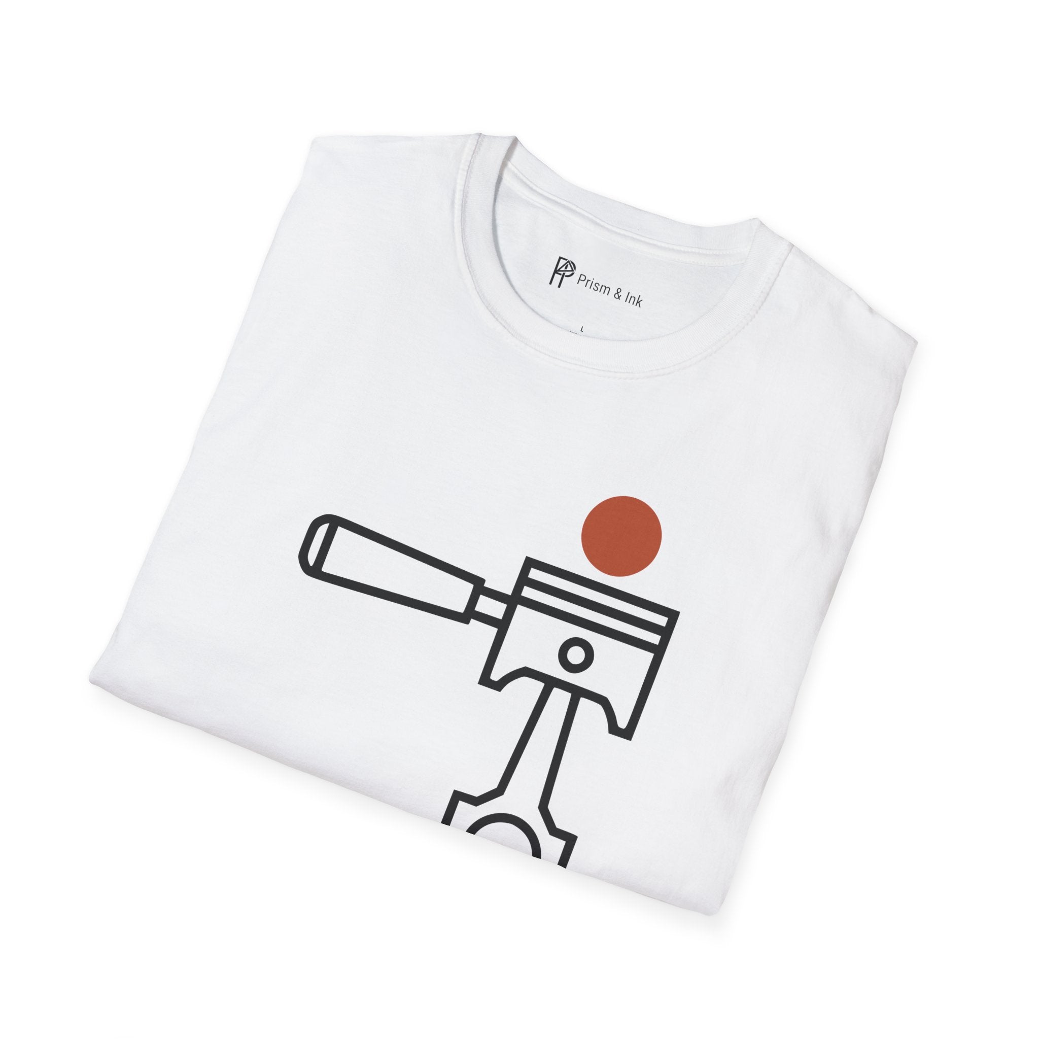 High Performance Dark Roast T-Shirt — Minimalist Piston & Portafilter Mechanical Art