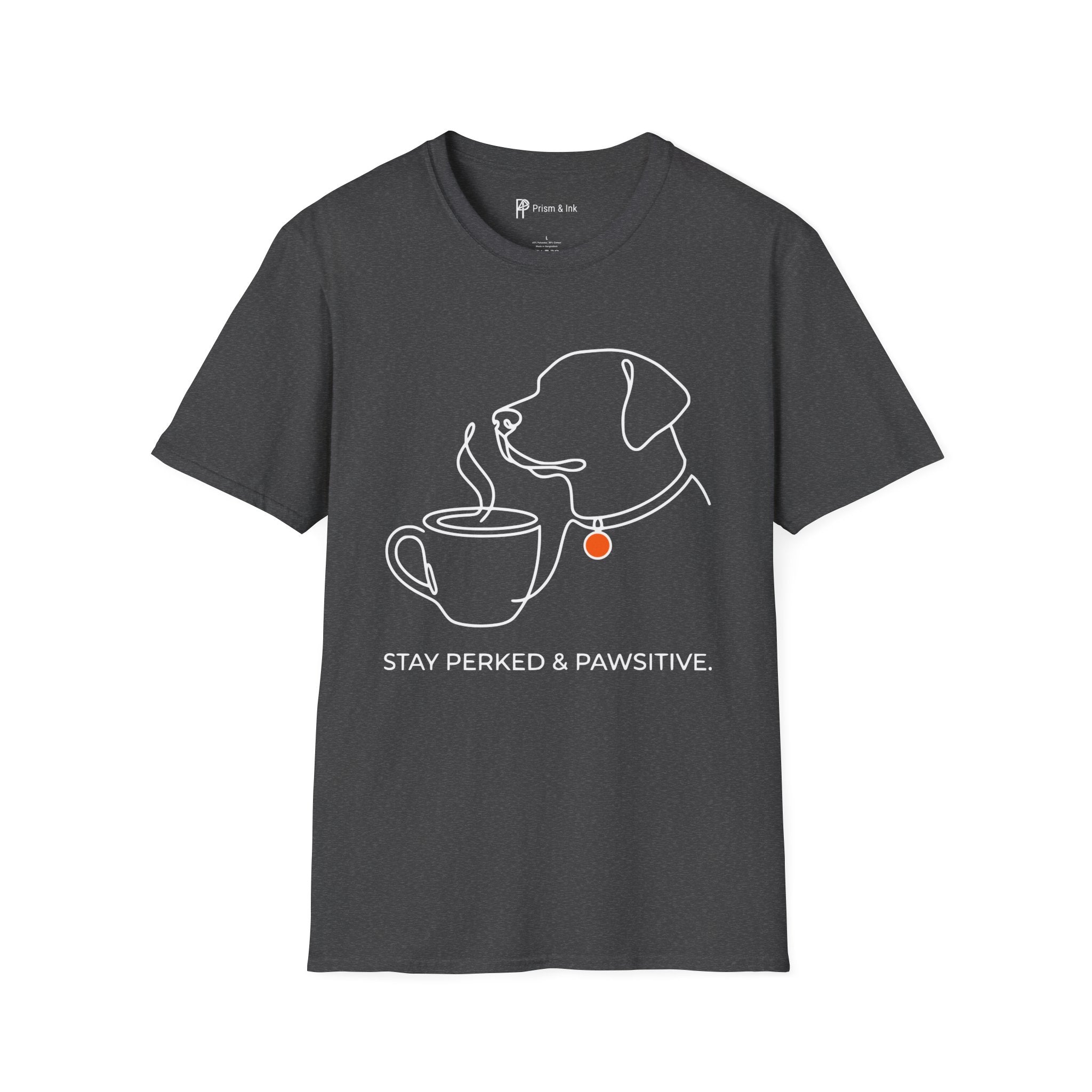 Stay Perked & Pawsitive T-Shirt — Minimal Dog and Coffee Line Art
