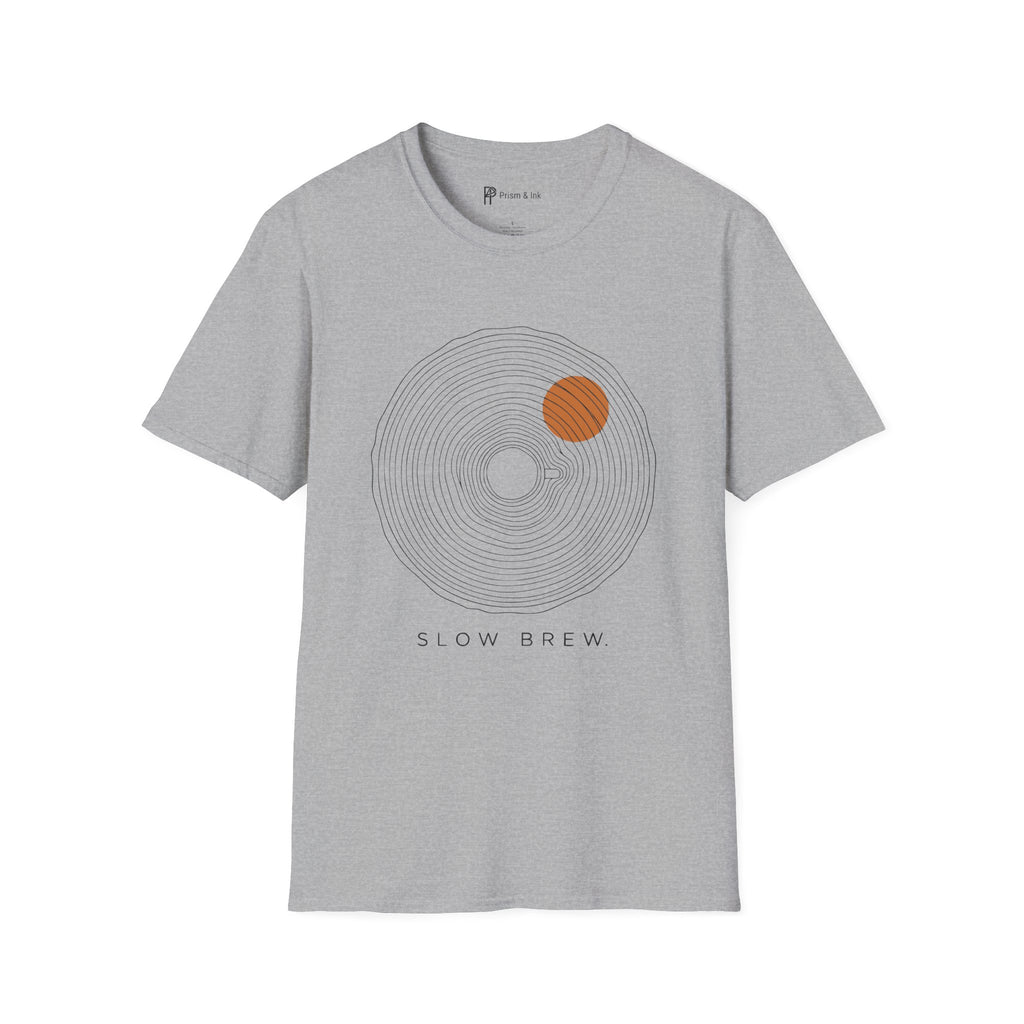 Slow Brew T-Shirt — Tree Ring Growth and Coffee Cup Silhouette