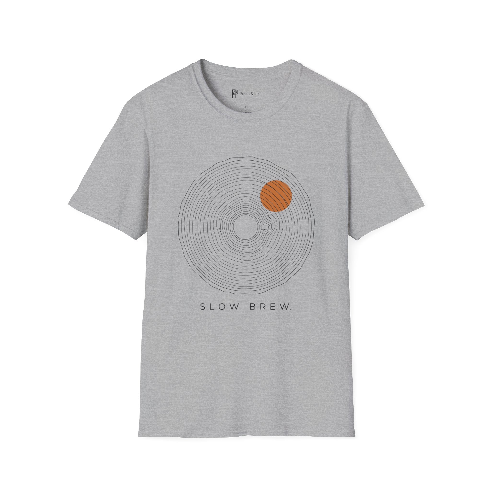 Slow Brew T-Shirt — Tree Ring Growth and Coffee Cup Silhouette
