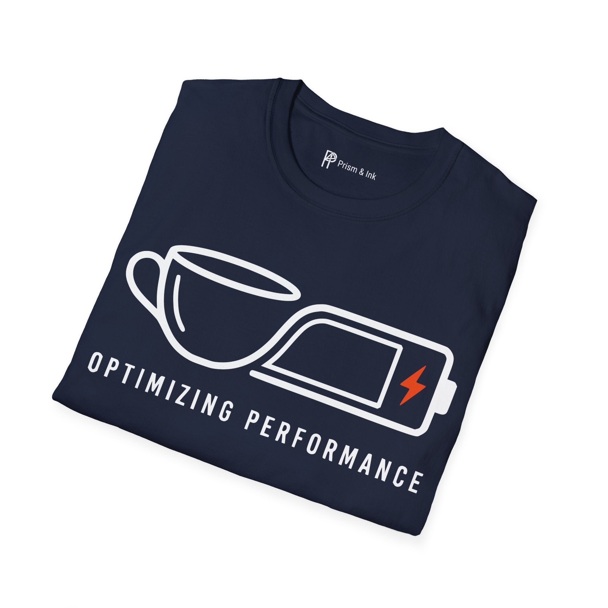 Optimizing Performance T-Shirt — Minimalist Coffee Cup & Battery Charge Graphic