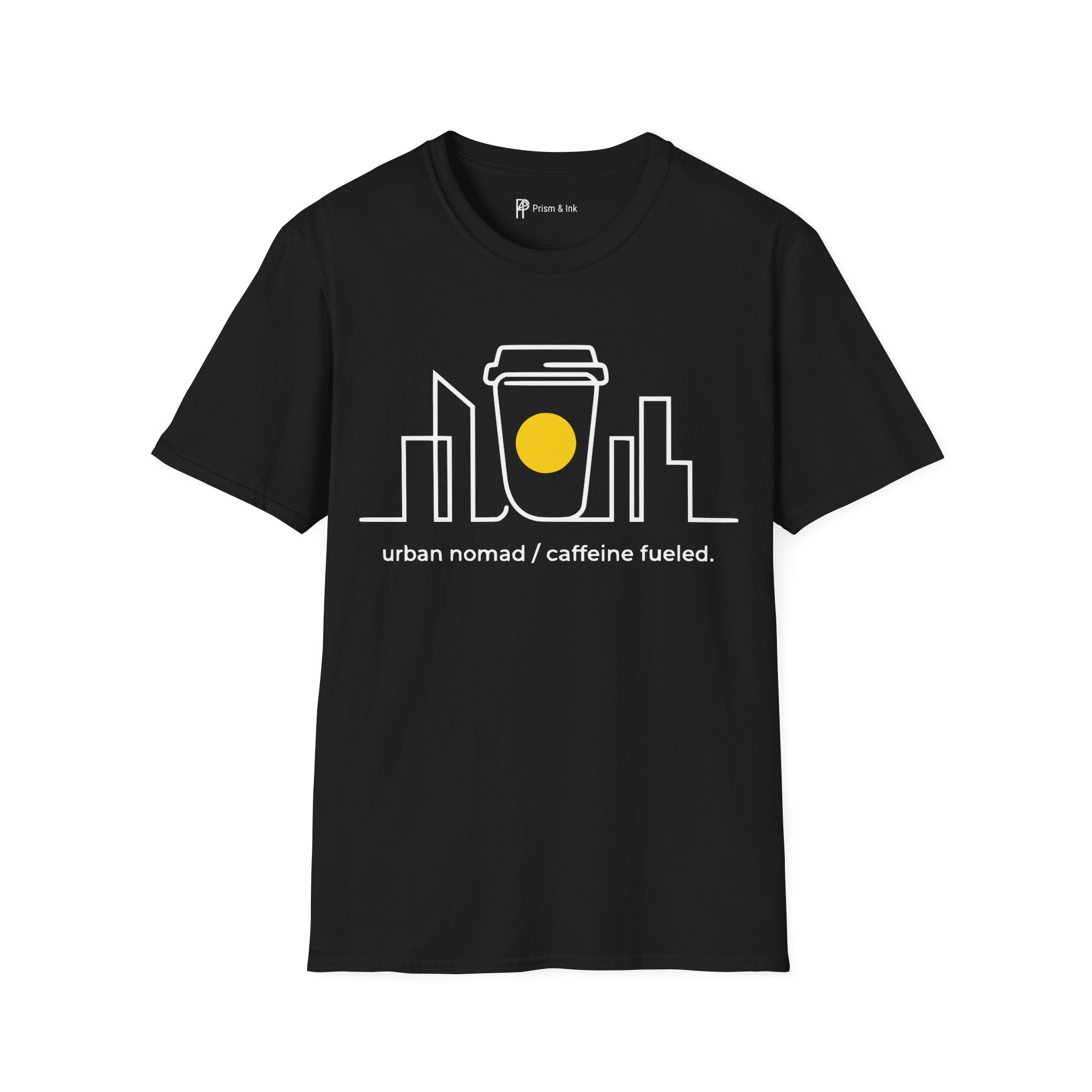 Urban Nomad T-Shirt — City Skyline and Caffeine Fuel